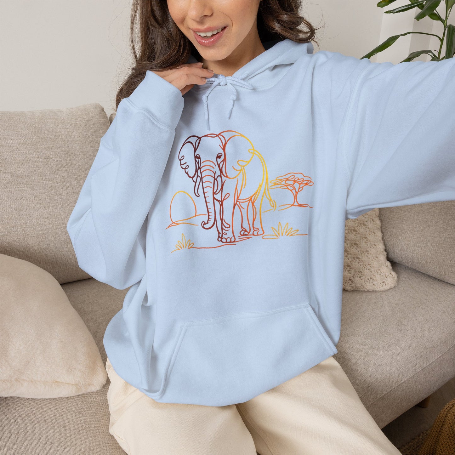 Elephant Sunset Hoodie — Minimal Safari Graphic Hooded Sweatshirt