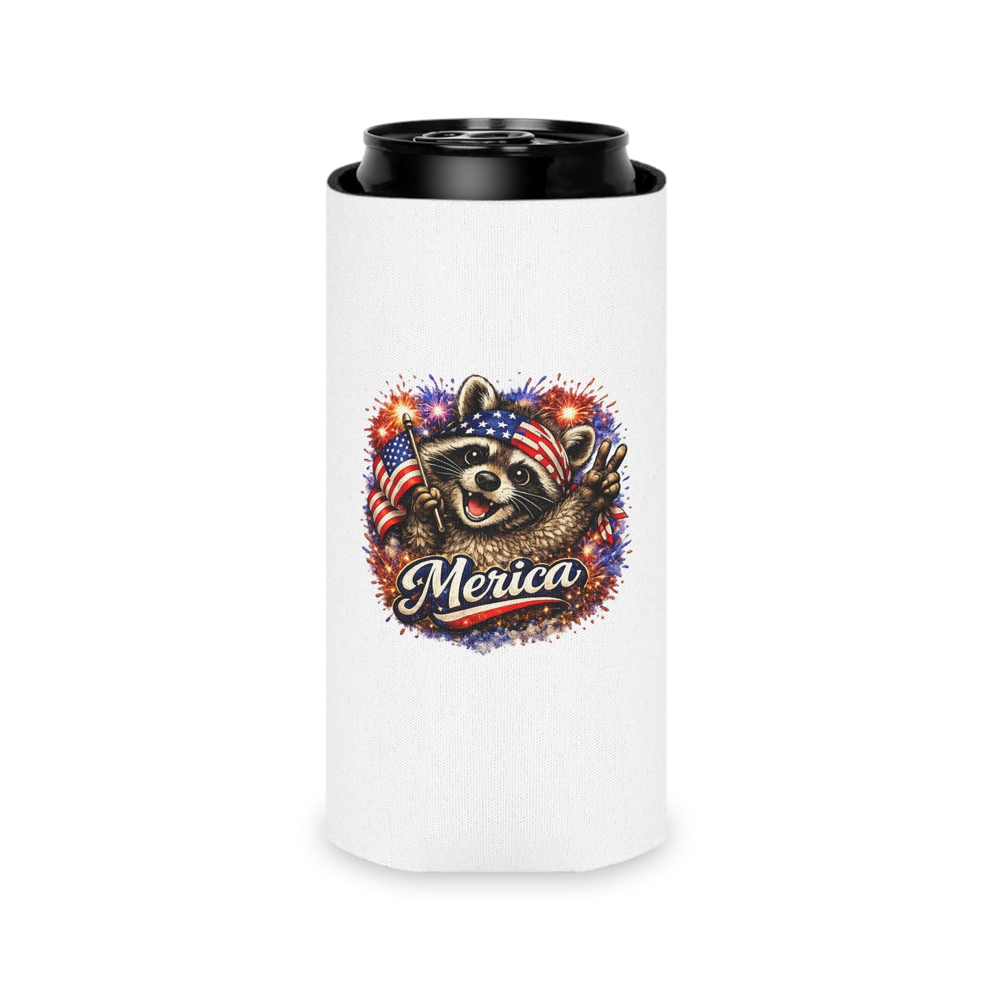 Patriotic Raccoon 250 Can Cooler – USA Flag, 4th of July Drink Koozie