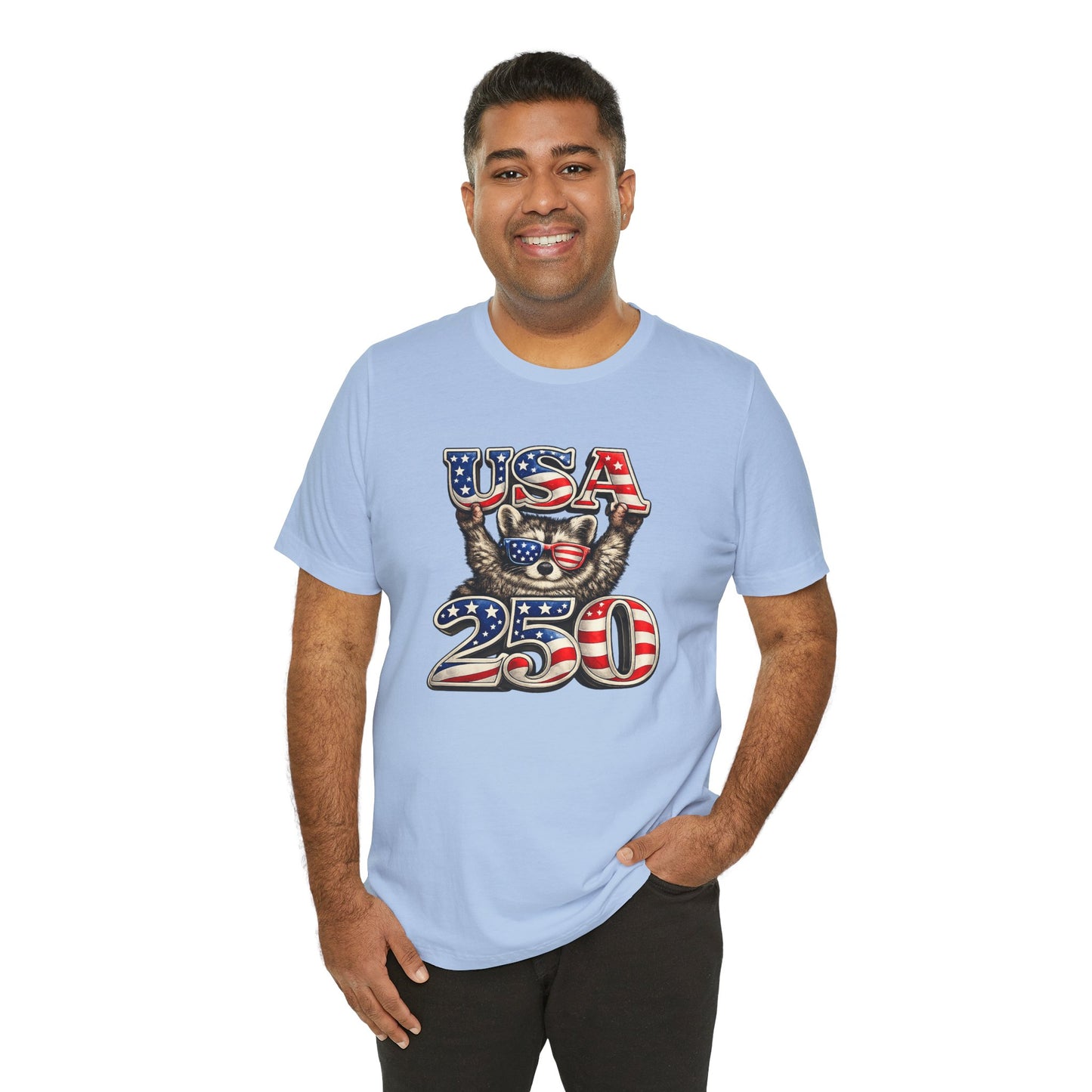 Patriot Raccoon 250th Anniversary T-Shirt — 4th of July Fireworks Flag Tee