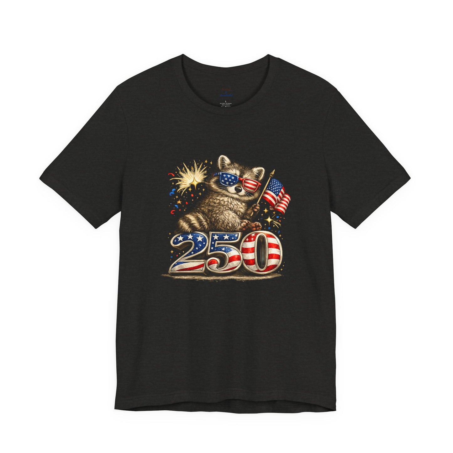 Patriot Raccoon 250th Anniversary T-Shirt — 4th of July Fireworks Flag Tee