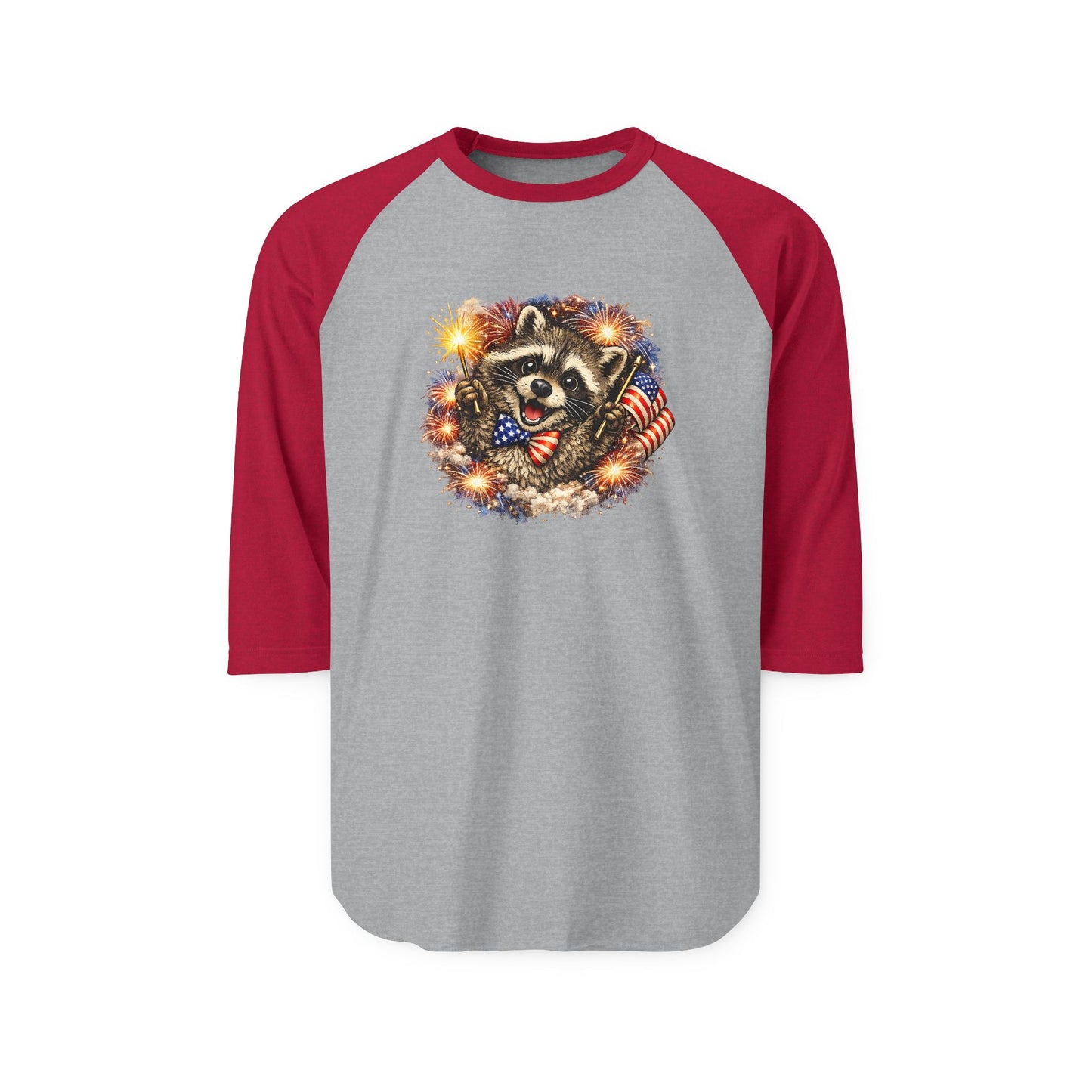 Patriotic Raccoon 250 Raglan Shirt — Fourth of July Fireworks Tee