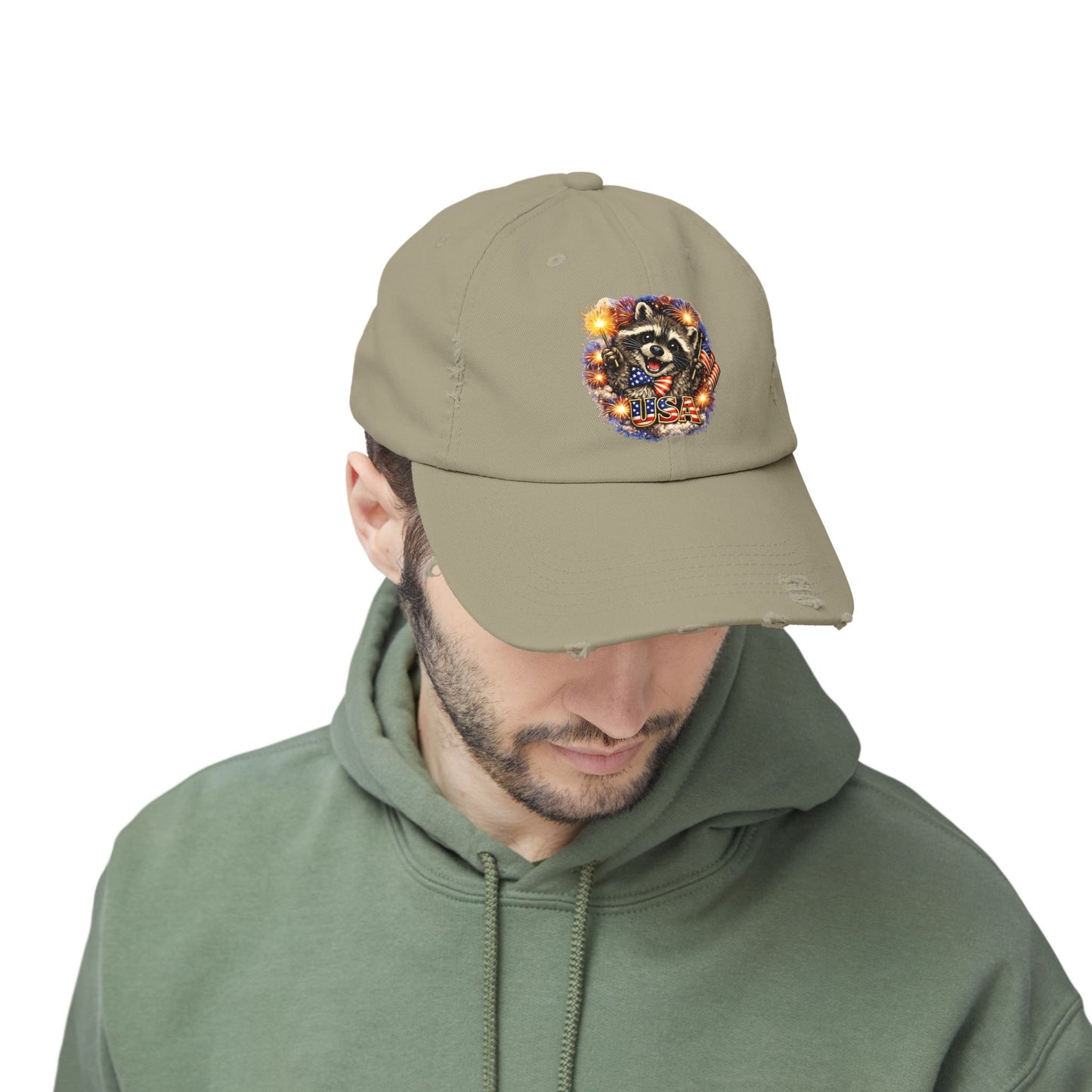 Patriotic Raccoon 250 Cap — Fireworks & Flag Distressed Baseball Hat