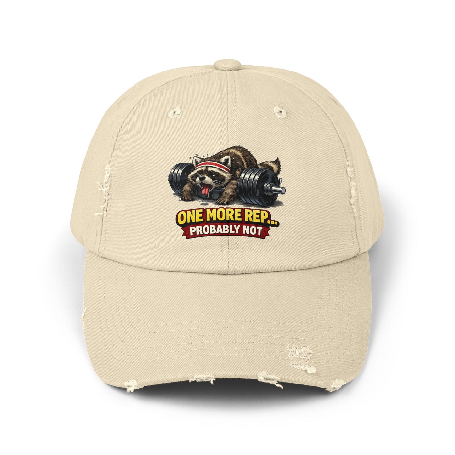 One More Rep Distressed Cap — Raccoon Mom/Dad Funny Dad Hat
