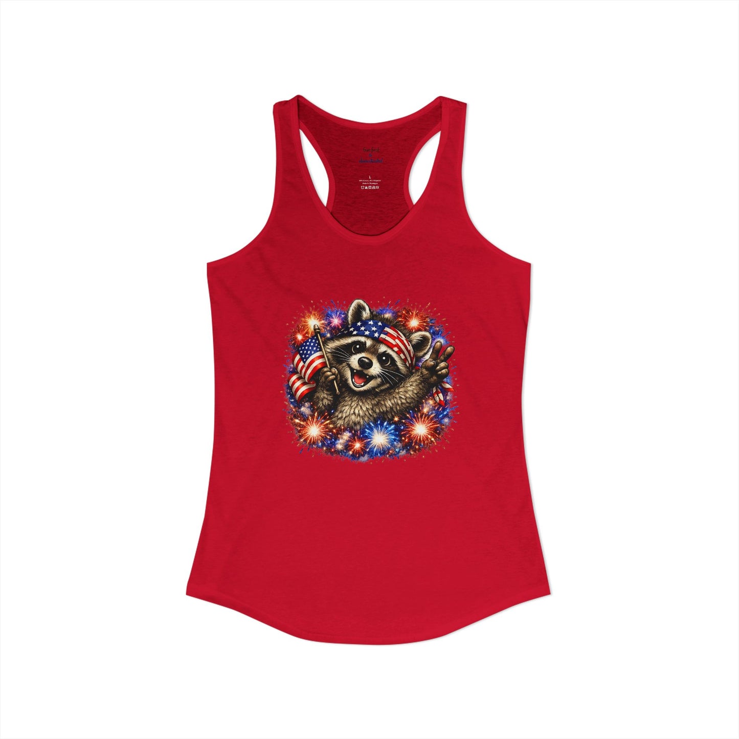 Patriotic Raccoon 4th of July Tank — Raccoon with Flag & Fireworks Racerback Tank