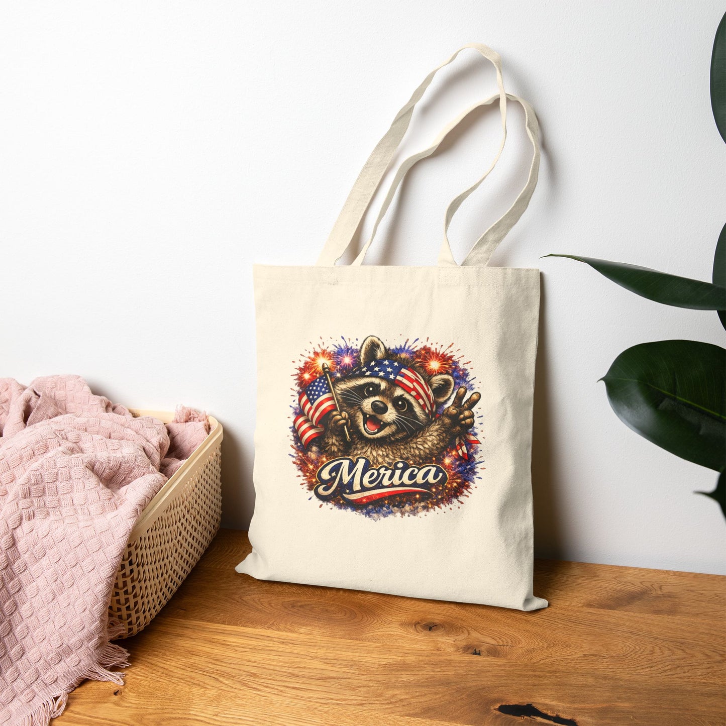 Patriotic Raccoon Fireworks Tote Bag — '250' Canvas Tote for Fourth of July