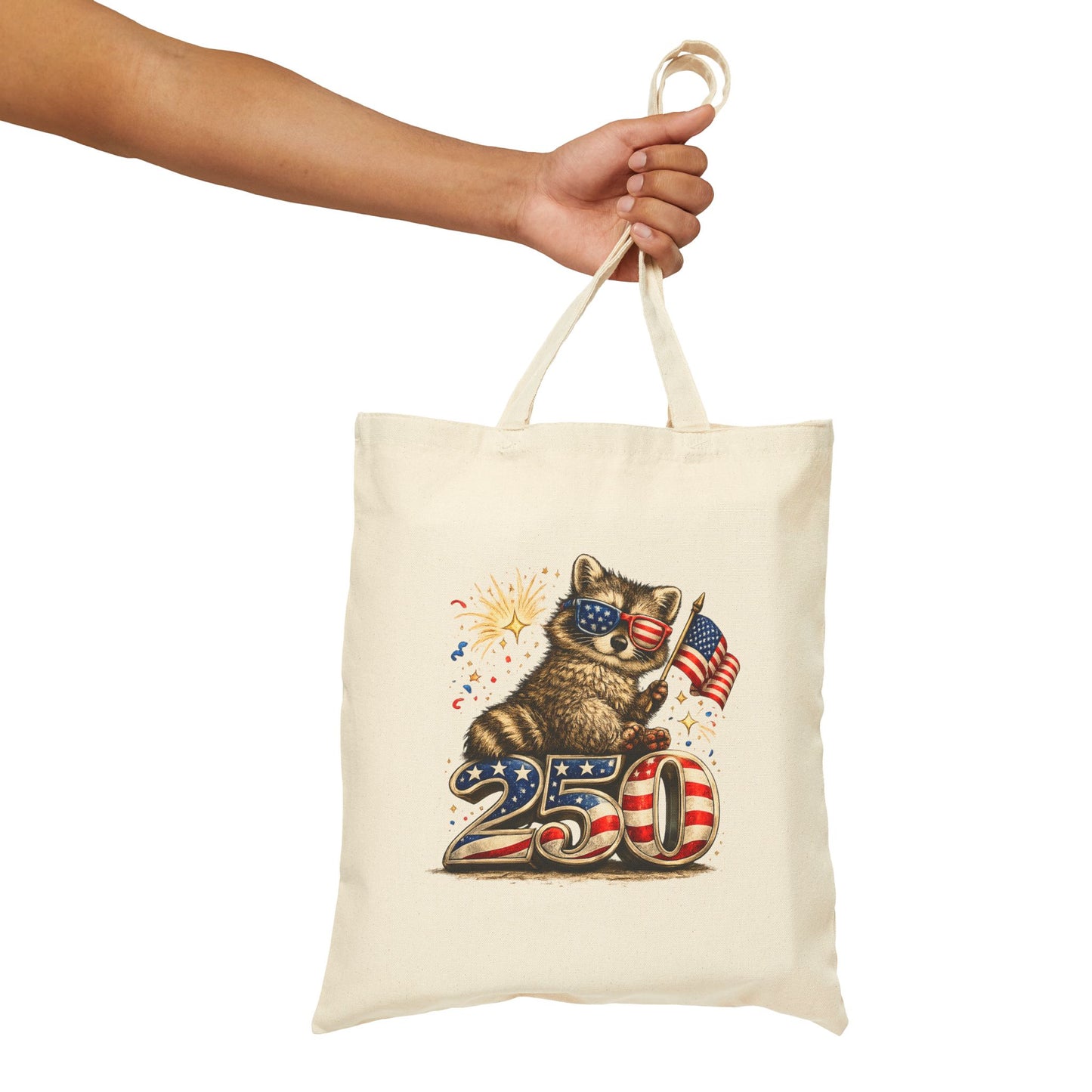 Patriotic Raccoon Fireworks Tote Bag — '250' Canvas Tote for Fourth of July