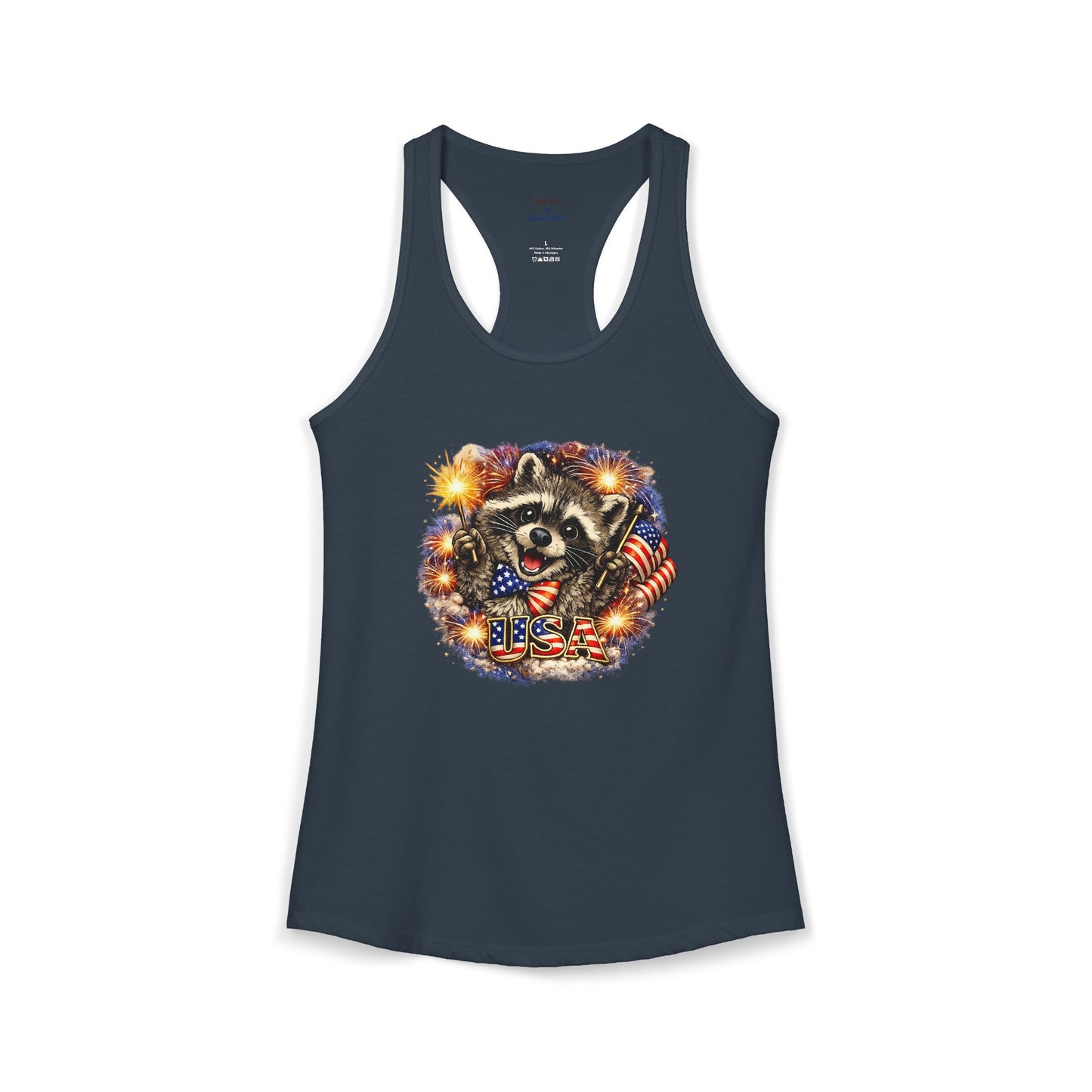 Patriotic Raccoon 4th of July Tank — Raccoon on 250 with Flag & Fireworks Racerback Tank