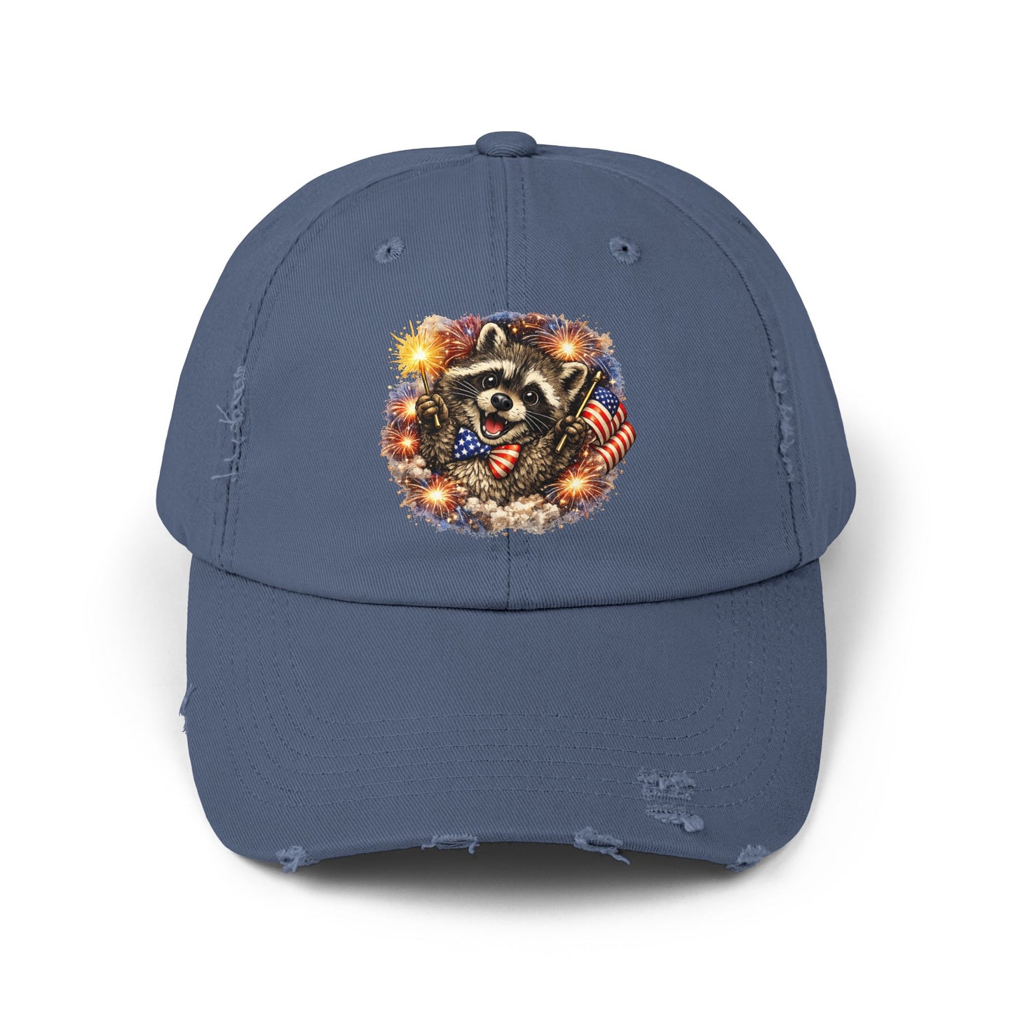 Patriotic Raccoon 250 Cap — Fireworks & Flag Distressed Baseball Hat