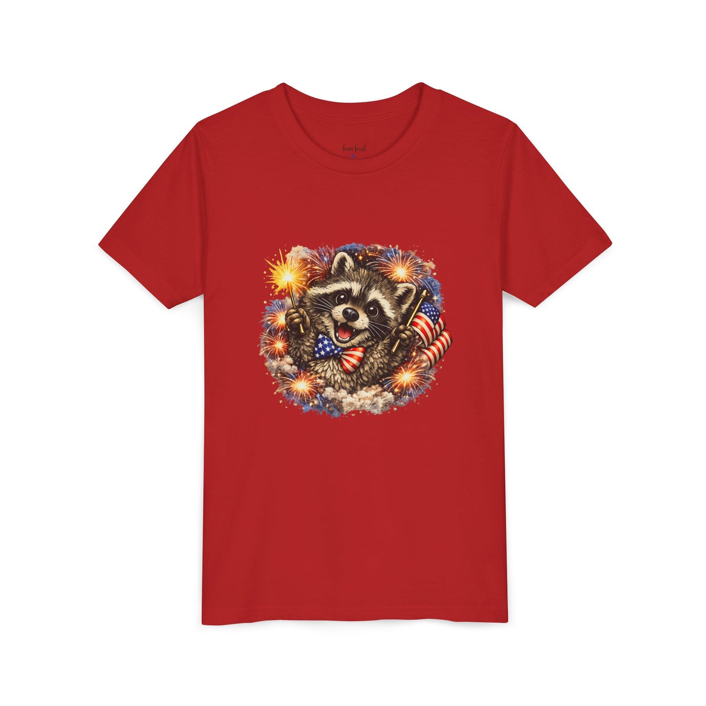 Patriotic Raccoon Youth Tee — Raccoon with American Flag & Fireworks