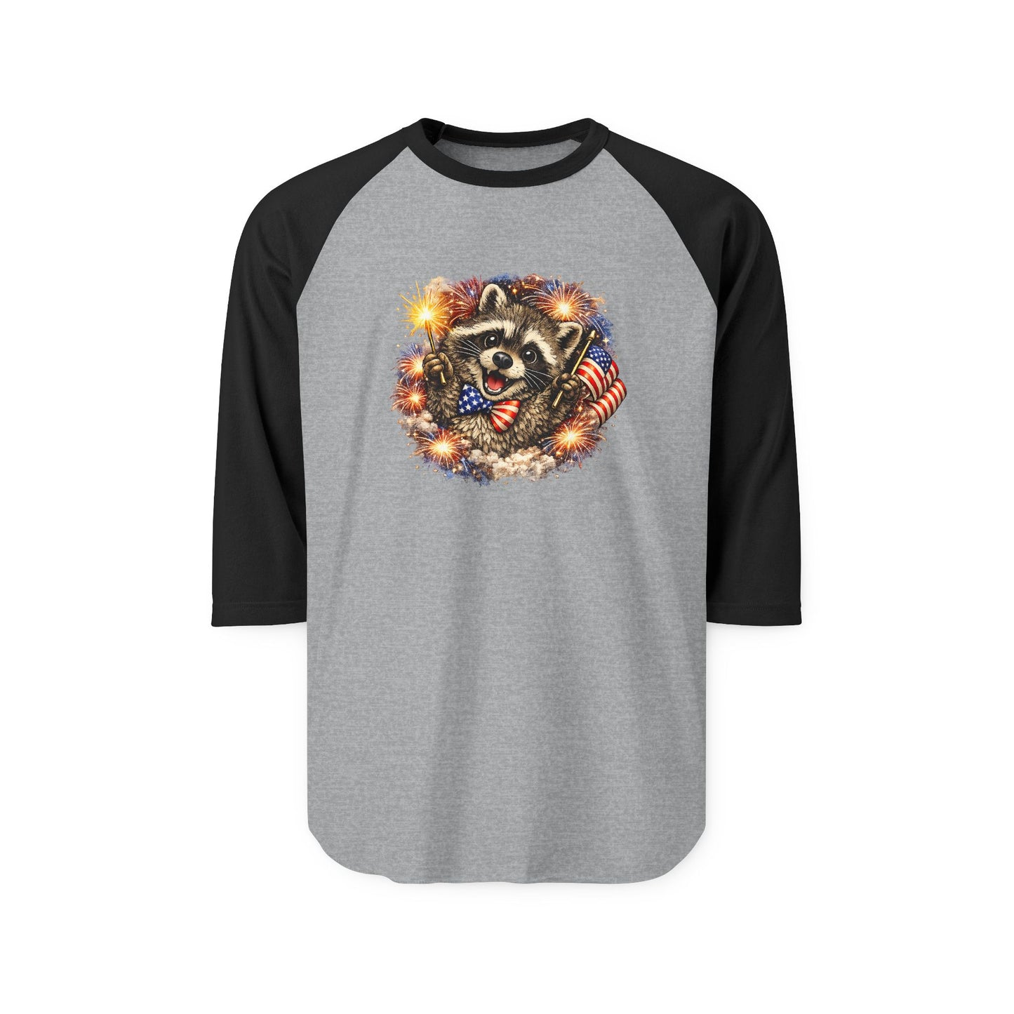 Patriotic Raccoon 250 Raglan Shirt — Fourth of July Fireworks Tee