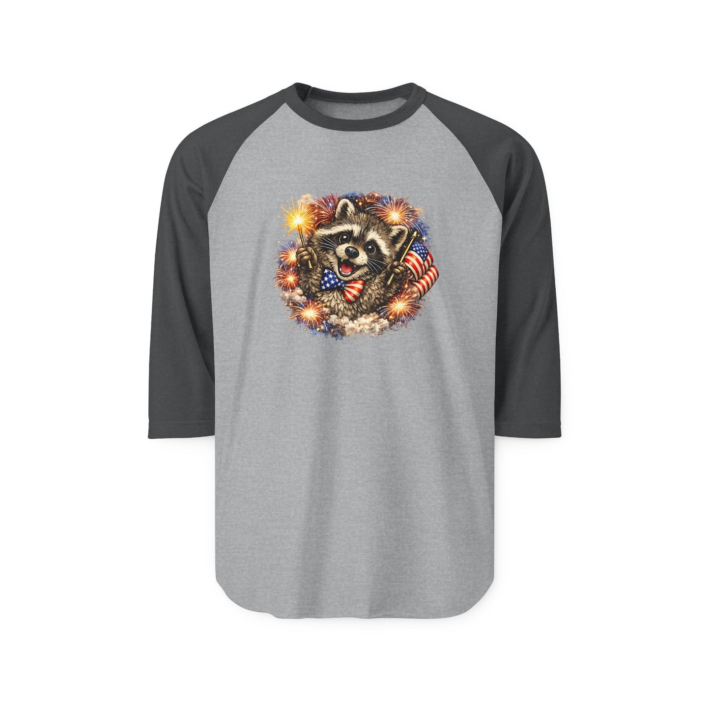 Patriotic Raccoon 250 Raglan Shirt — Fourth of July Fireworks Tee