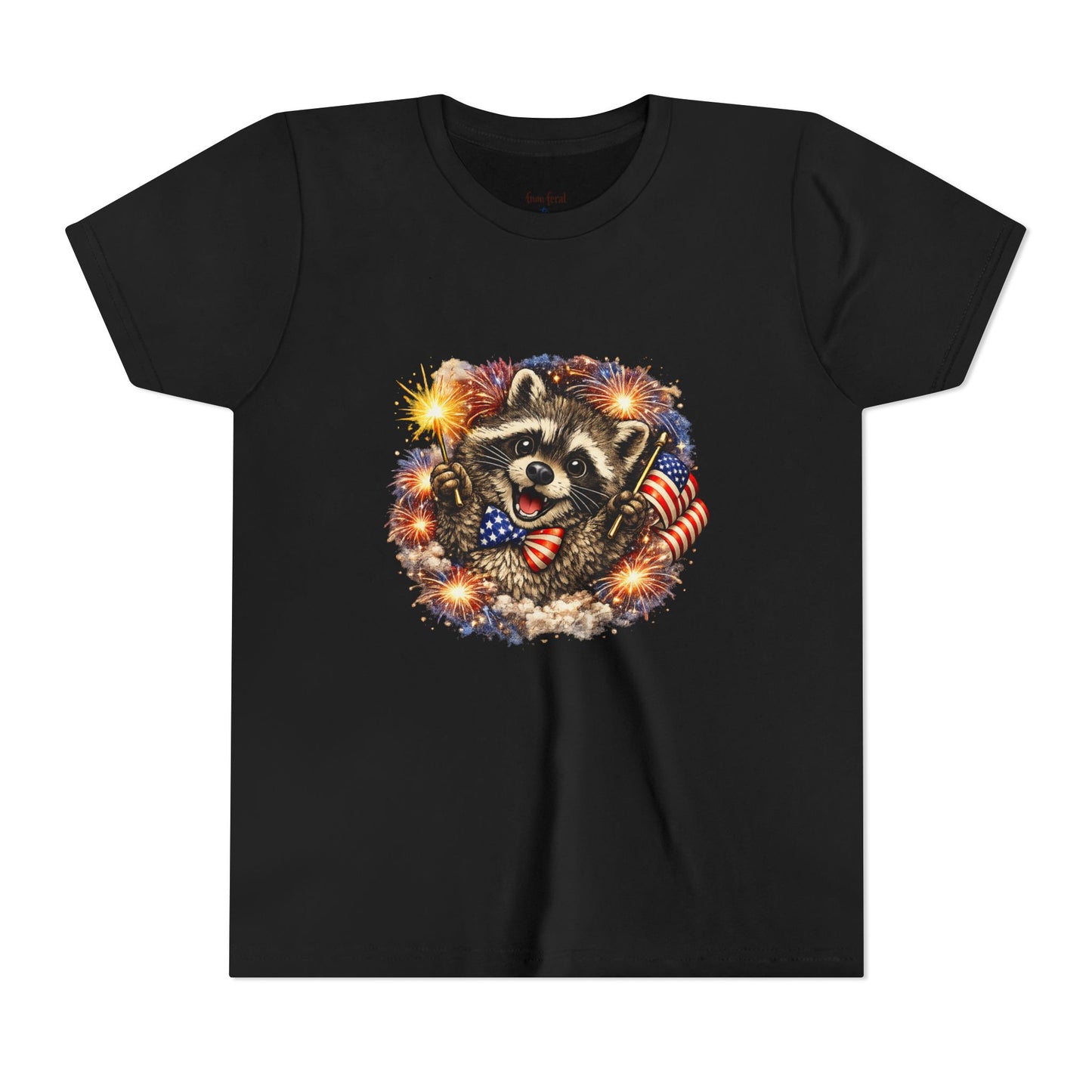 Patriotic Raccoon Youth Tee — Raccoon with American Flag & Fireworks