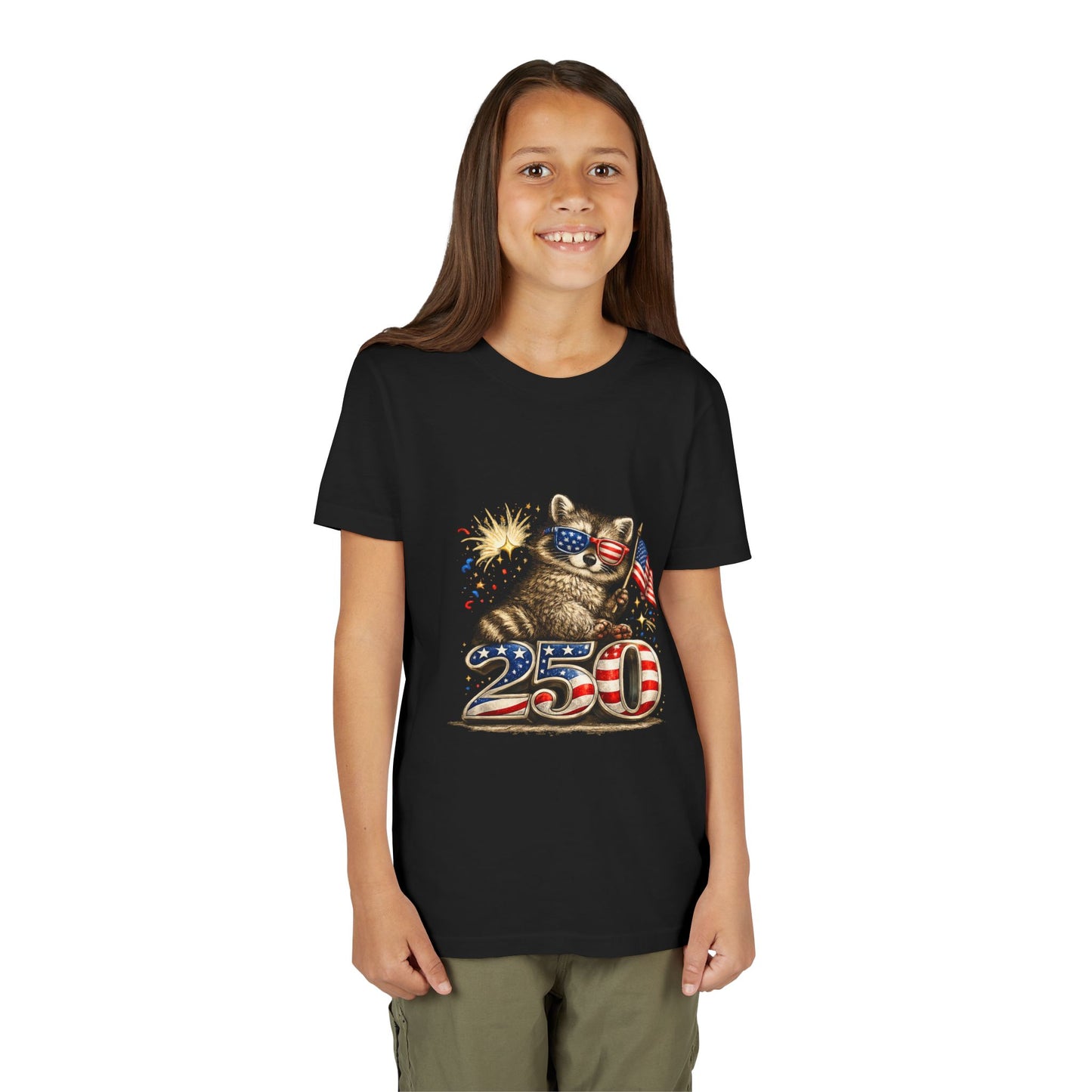 Patriotic Raccoon Youth Tee — Raccoon with American Flag & Fireworks