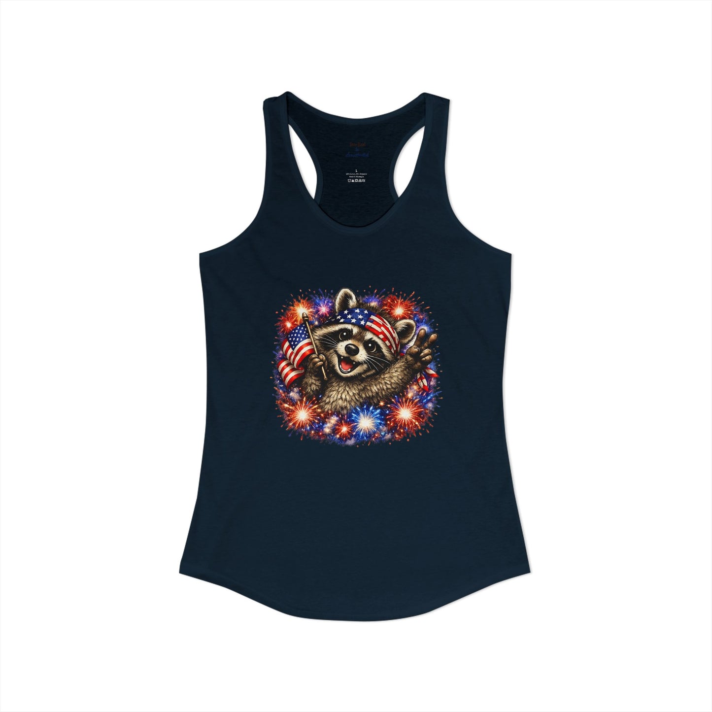 Patriotic Raccoon 4th of July Tank — Raccoon with Flag & Fireworks Racerback Tank