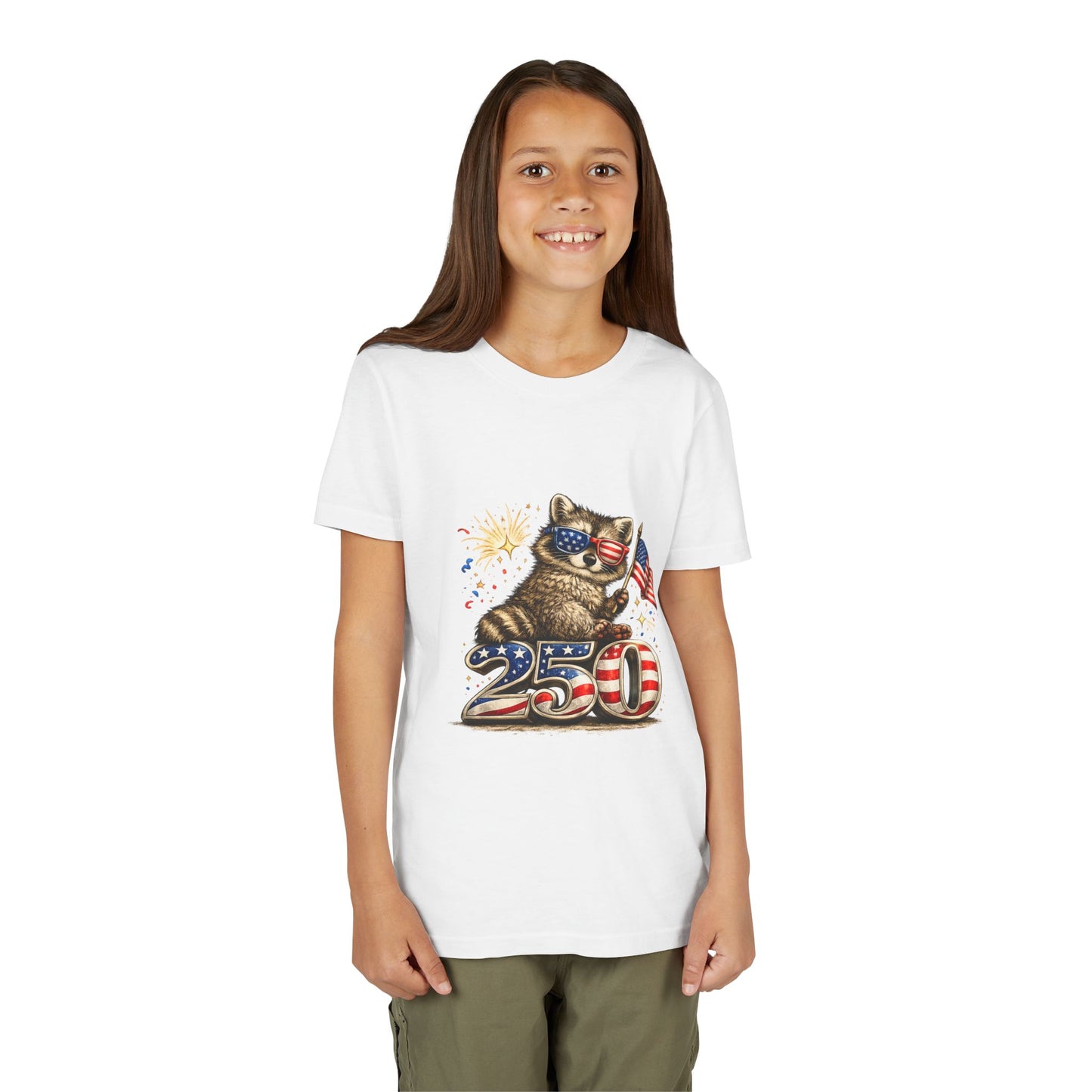 Patriotic Raccoon Youth Tee — Raccoon with American Flag & Fireworks