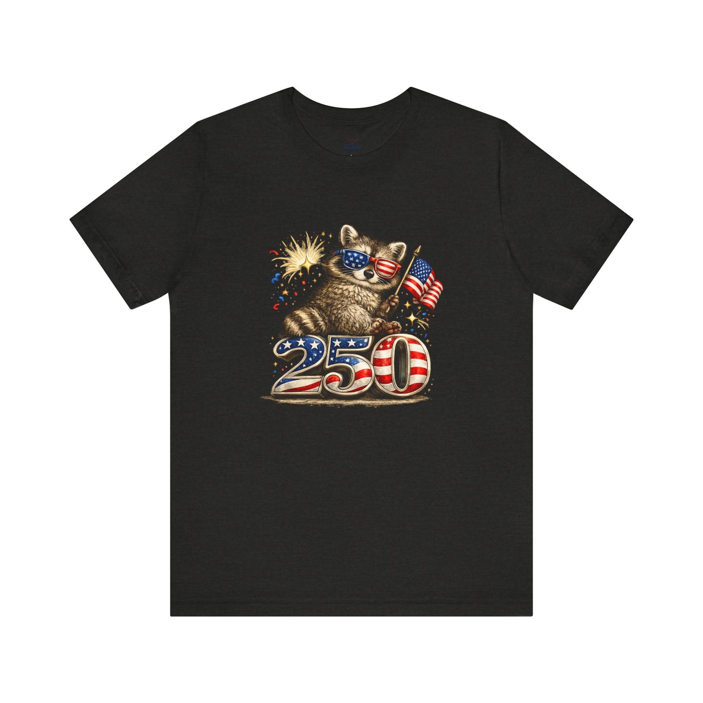 Patriot Raccoon 250th Anniversary T-Shirt — 4th of July Fireworks Flag Tee