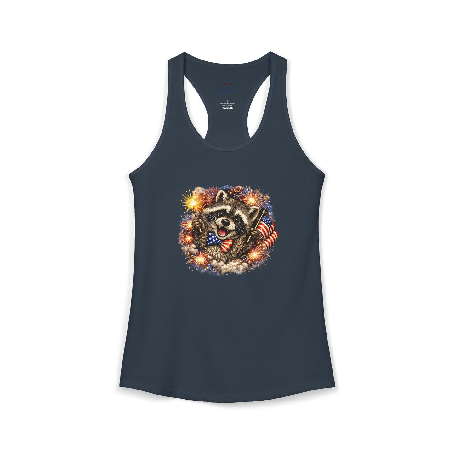Patriotic Raccoon 4th of July Tank — Raccoon on 250 with Flag & Fireworks Racerback Tank