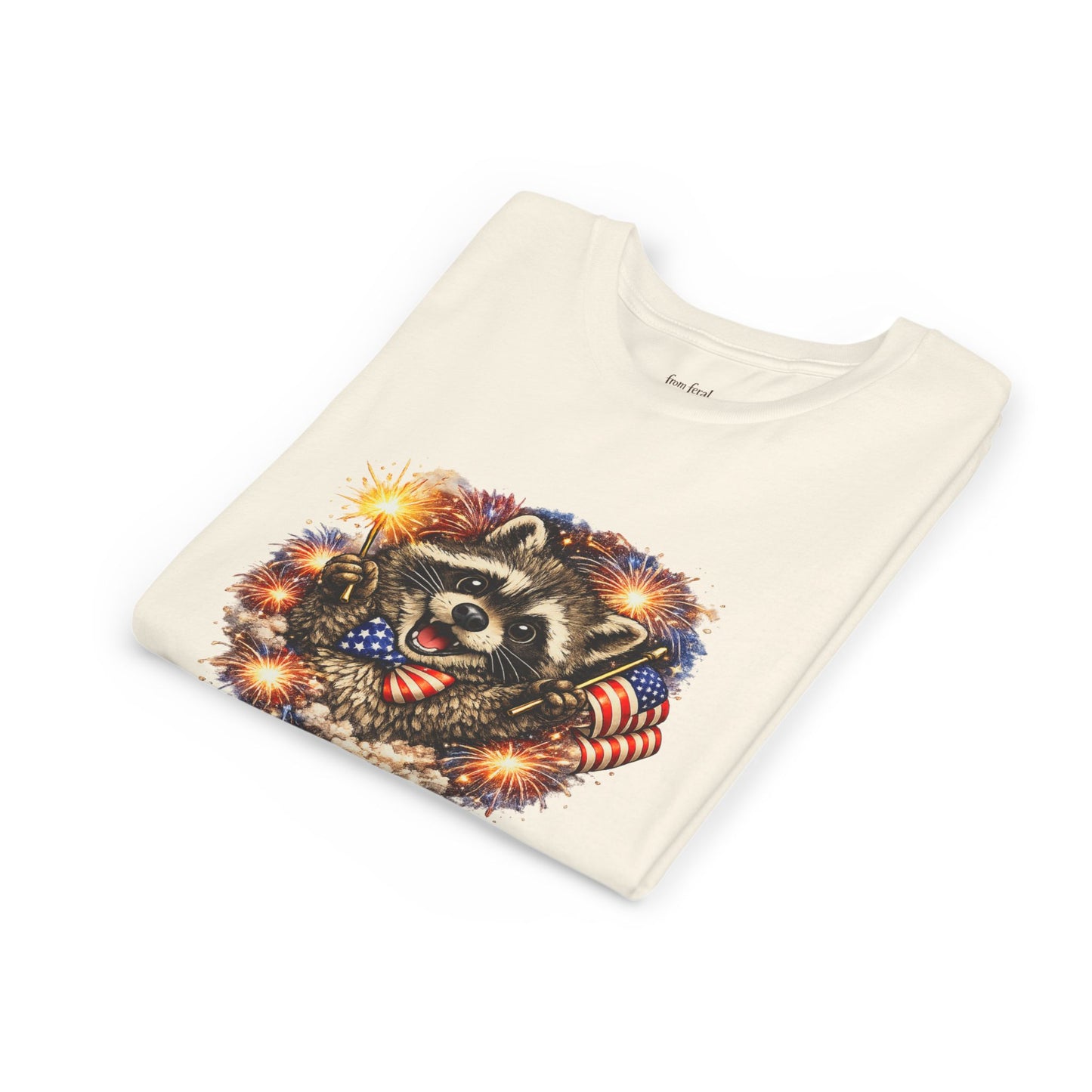 Patriotic Raccoon Youth Tee — Raccoon with American Flag & Fireworks