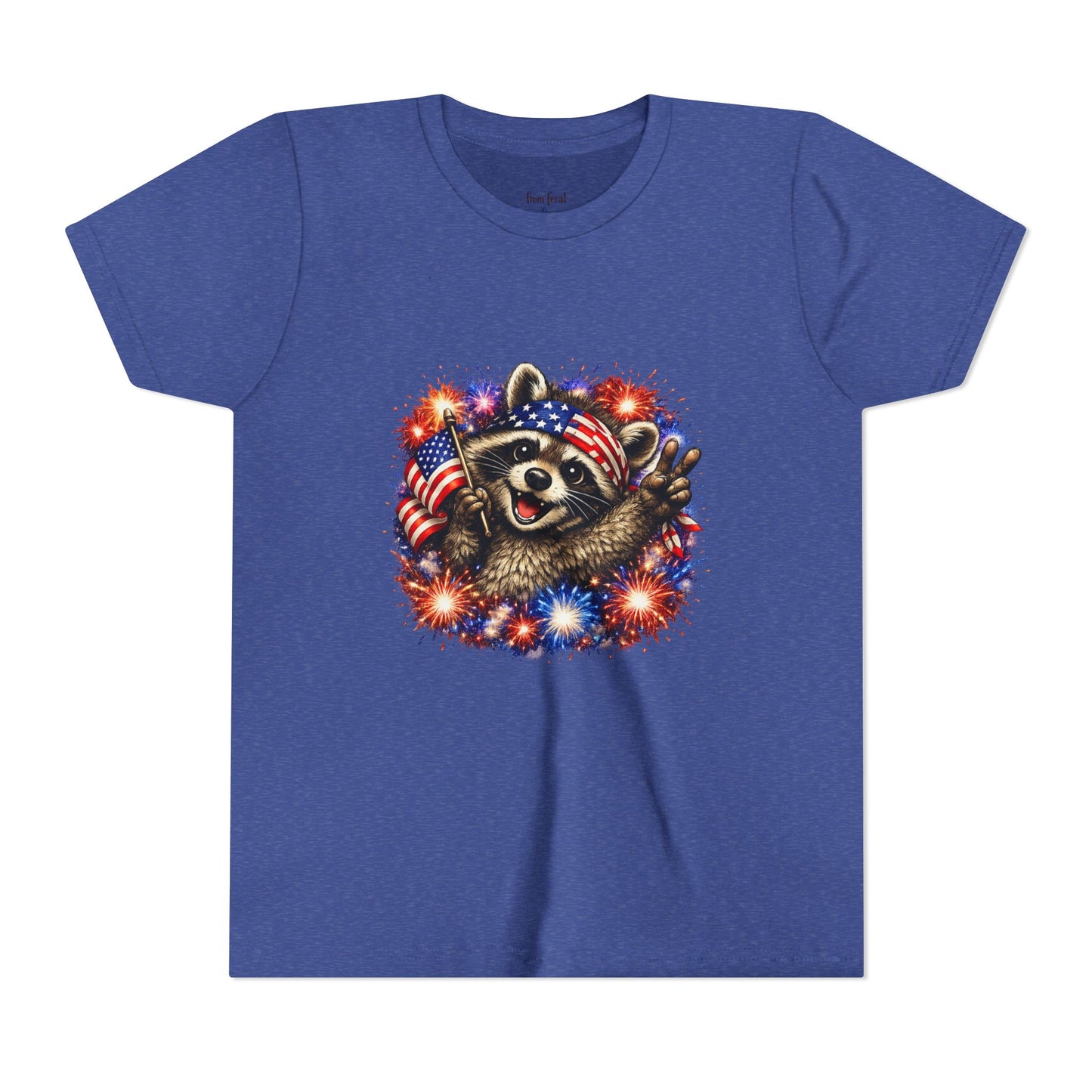 Patriotic Raccoon Youth Tee — Raccoon with American Flag & Fireworks