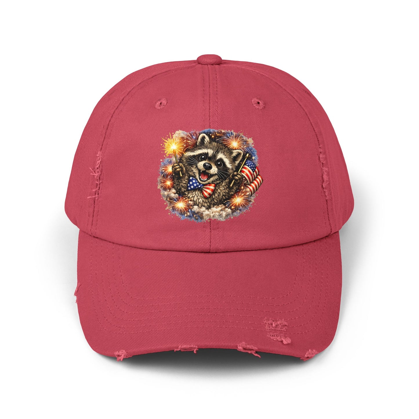 Patriotic Raccoon 250 Cap — Fireworks & Flag Distressed Baseball Hat