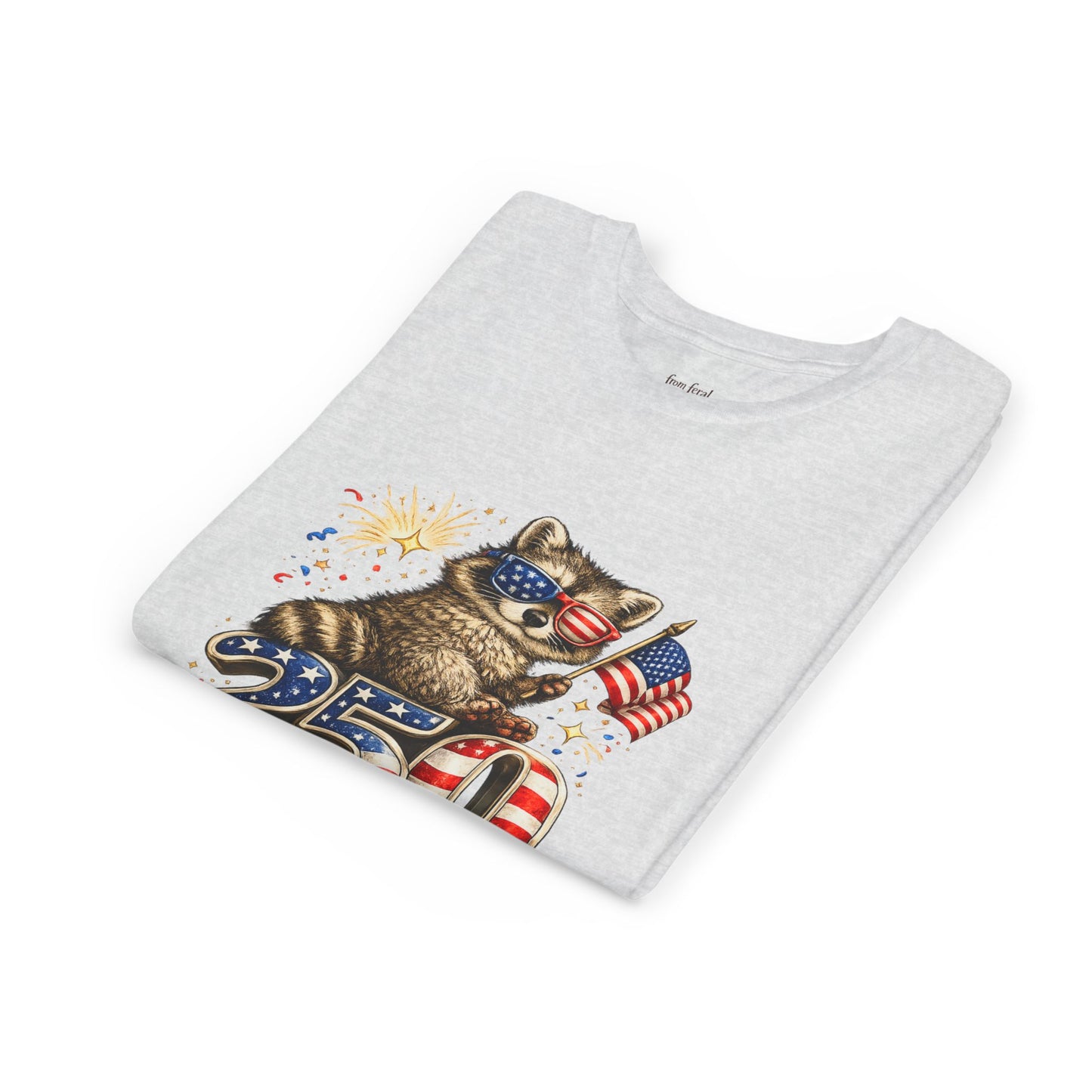 Patriotic Raccoon Youth Tee — Raccoon with American Flag & Fireworks
