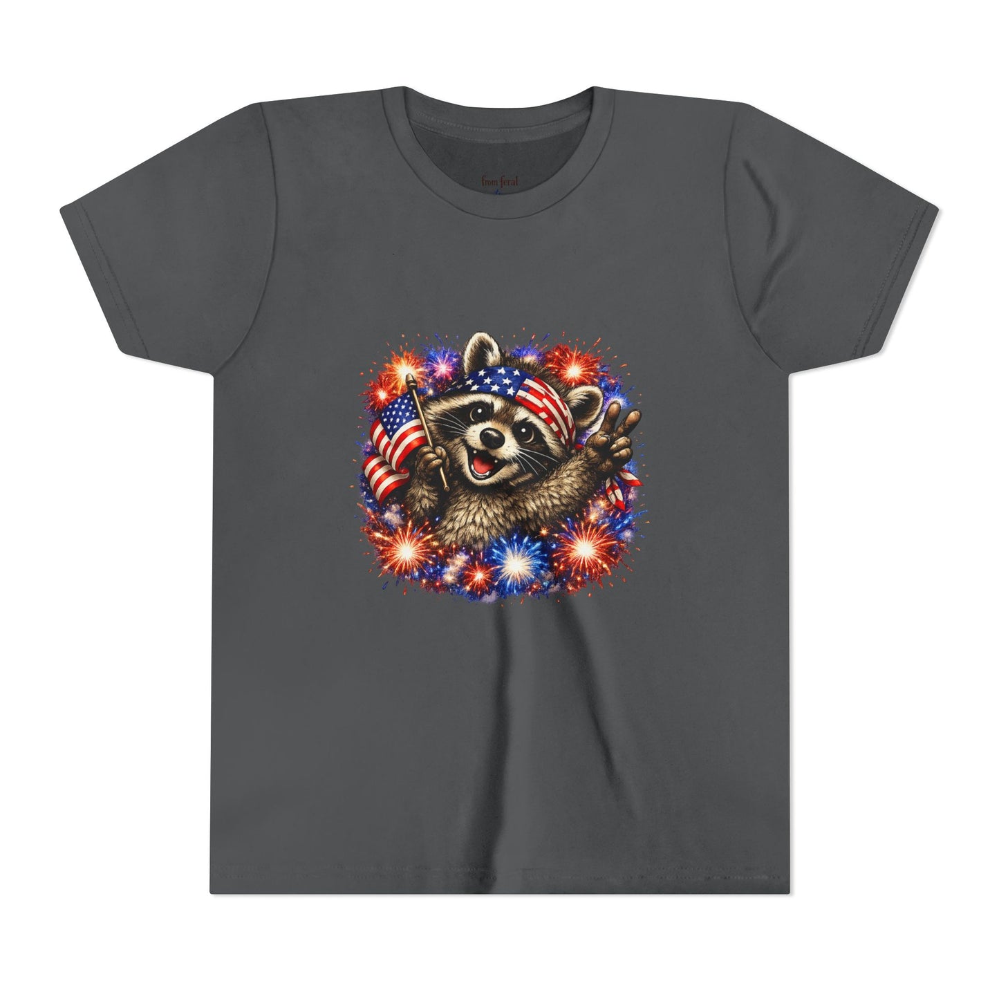Patriotic Raccoon Youth Tee — Raccoon with American Flag & Fireworks