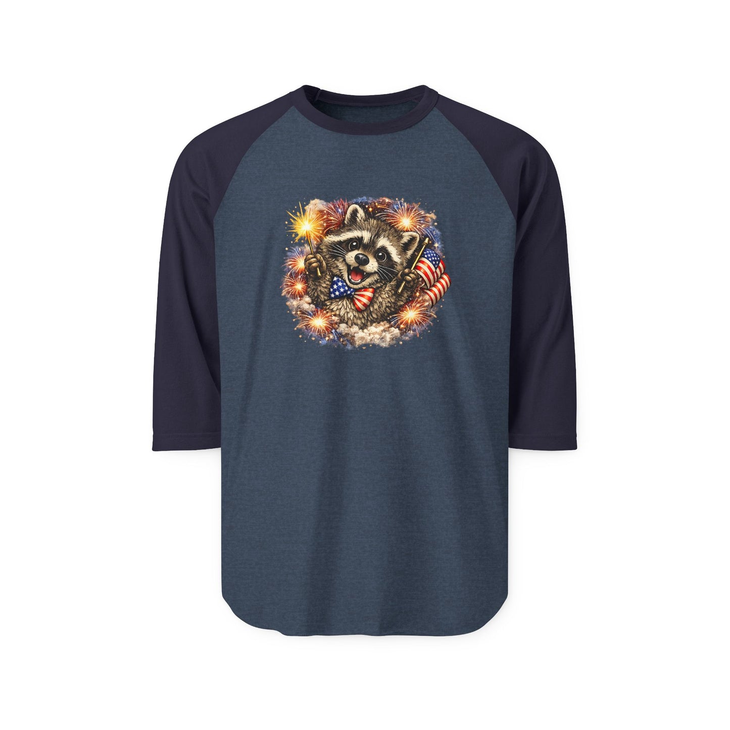 Patriotic Raccoon 250 Raglan Shirt — Fourth of July Fireworks Tee