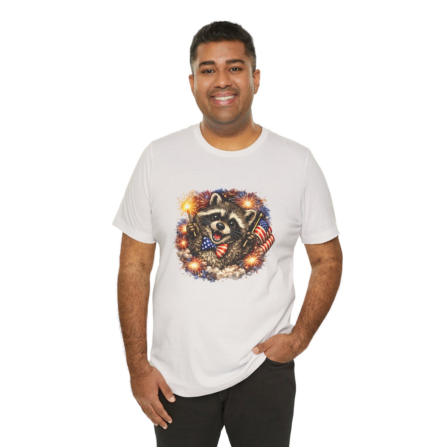 Patriot Raccoon 250th Anniversary T-Shirt — 4th of July Fireworks Flag Tee
