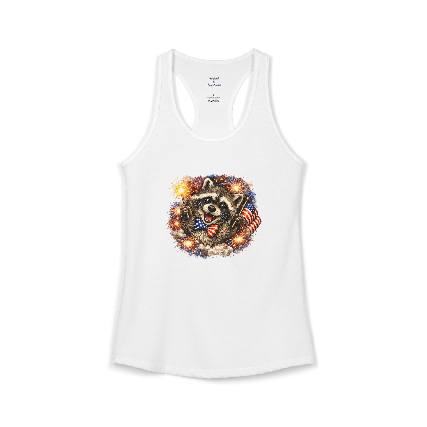 Patriotic Raccoon 4th of July Tank — Raccoon on 250 with Flag & Fireworks Racerback Tank