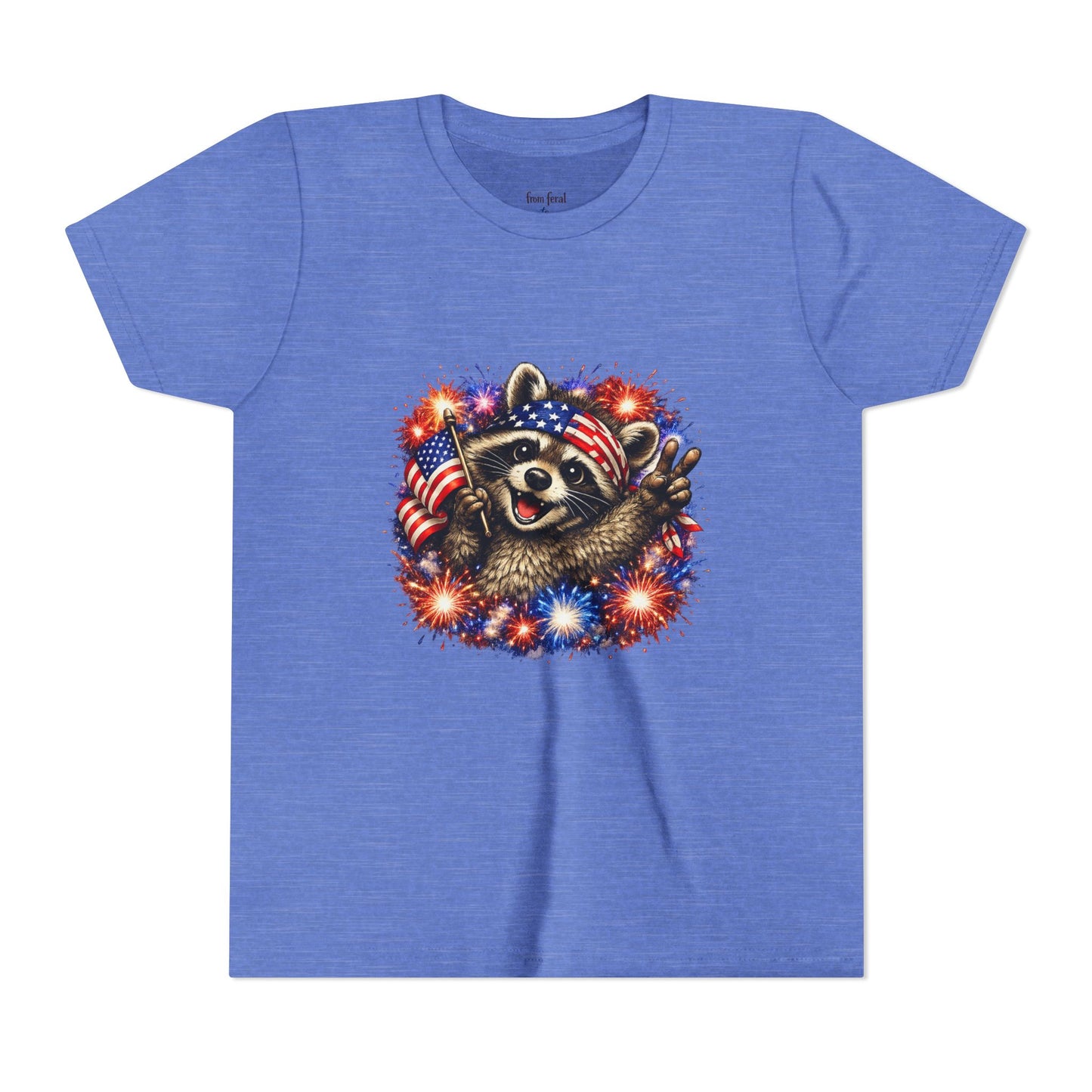 Patriotic Raccoon Youth Tee — Raccoon with American Flag & Fireworks