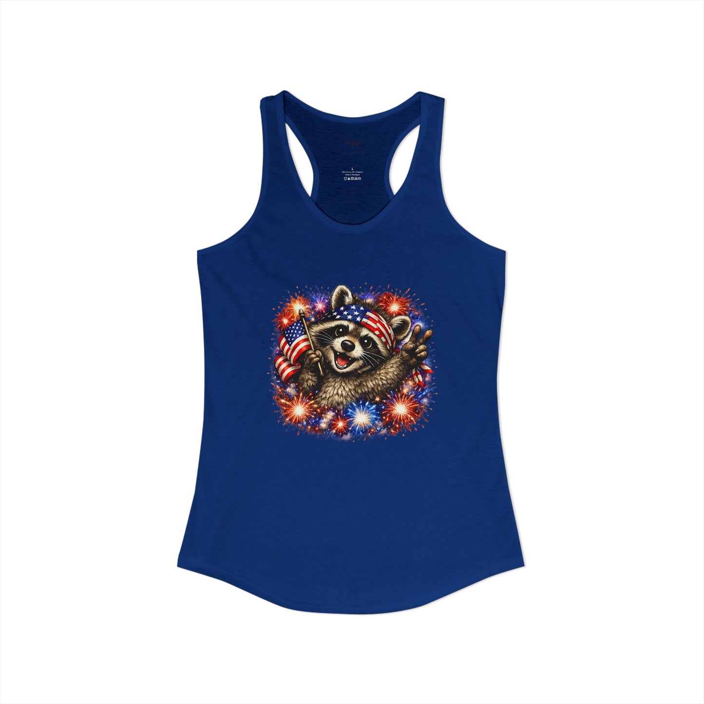 Patriotic Raccoon 4th of July Tank — Raccoon with Flag & Fireworks Racerback Tank