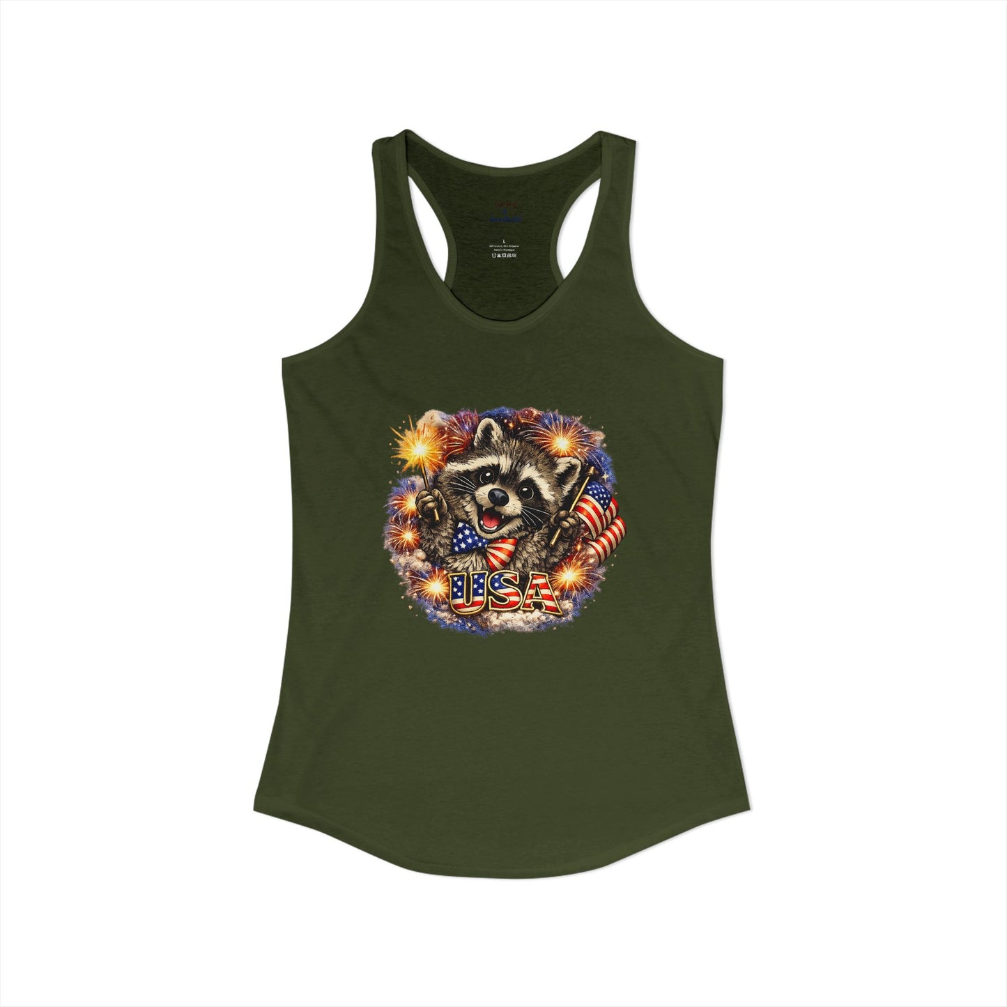 Patriotic Raccoon 4th of July Tank — Raccoon on 250 with Flag & Fireworks Racerback Tank