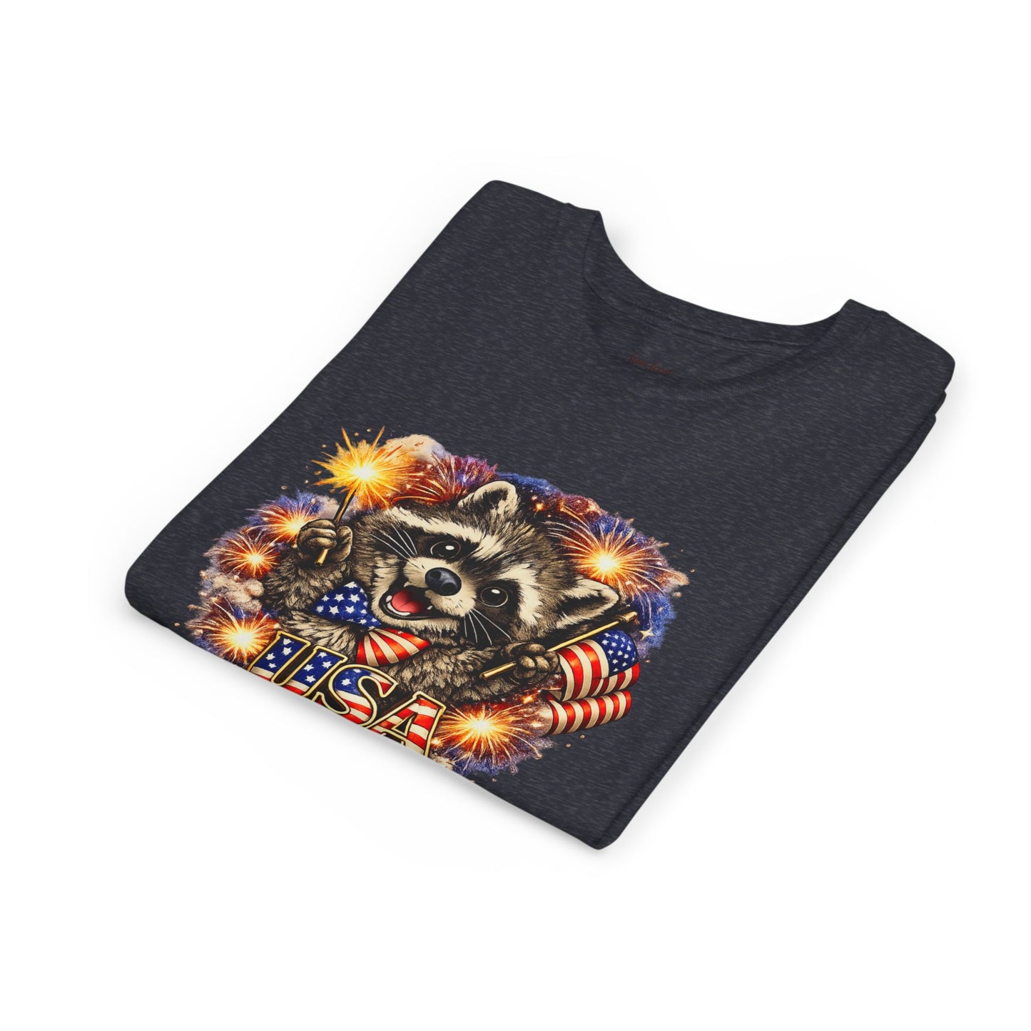 Patriotic Raccoon Youth Tee — Raccoon with American Flag & Fireworks