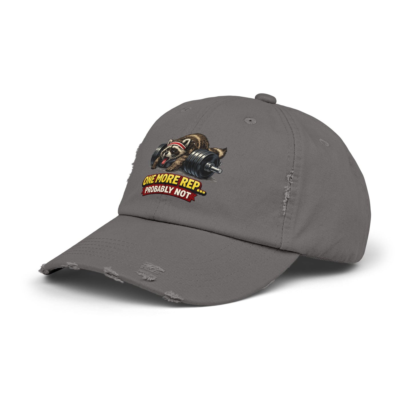 One More Rep Distressed Cap — Raccoon Mom/Dad Funny Dad Hat