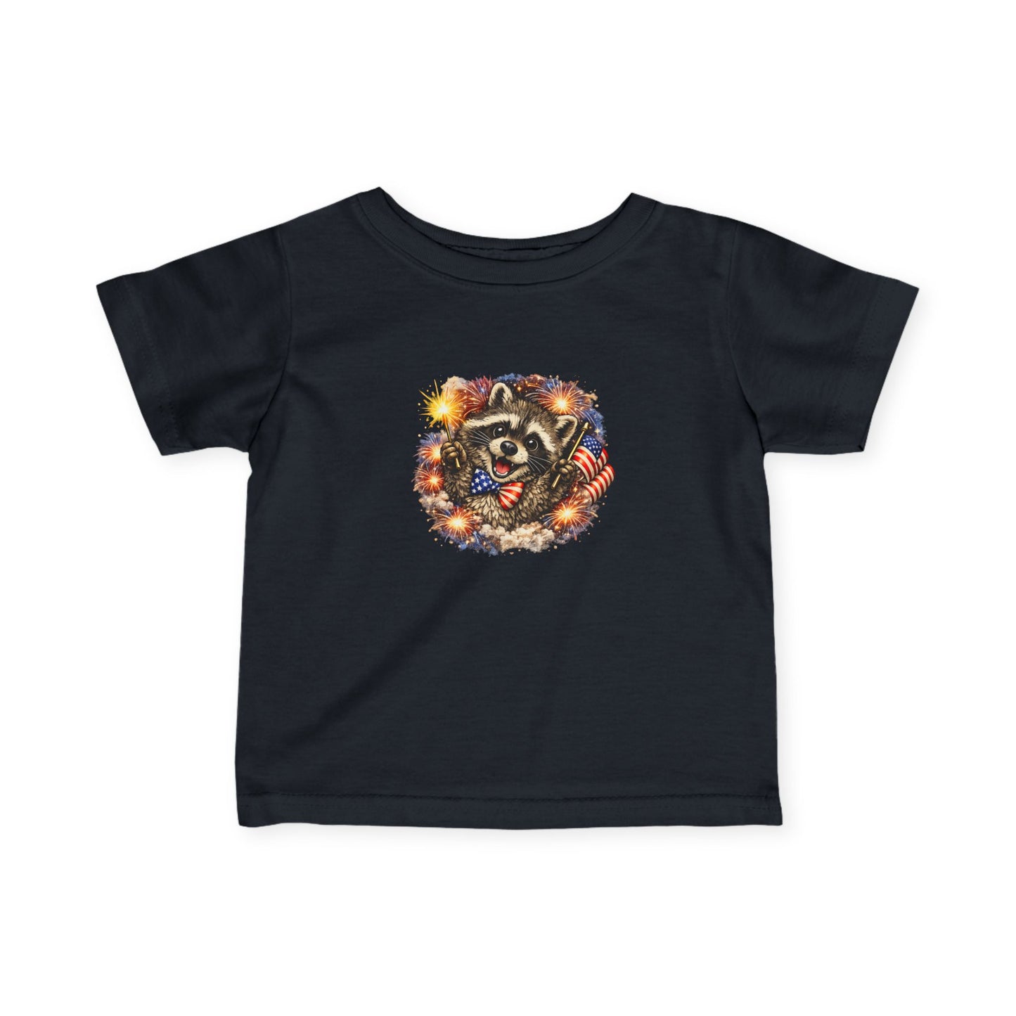 Infant Tee — Adorable Raccoon Holding American Flag "250" — 4th of July Baby Shirt