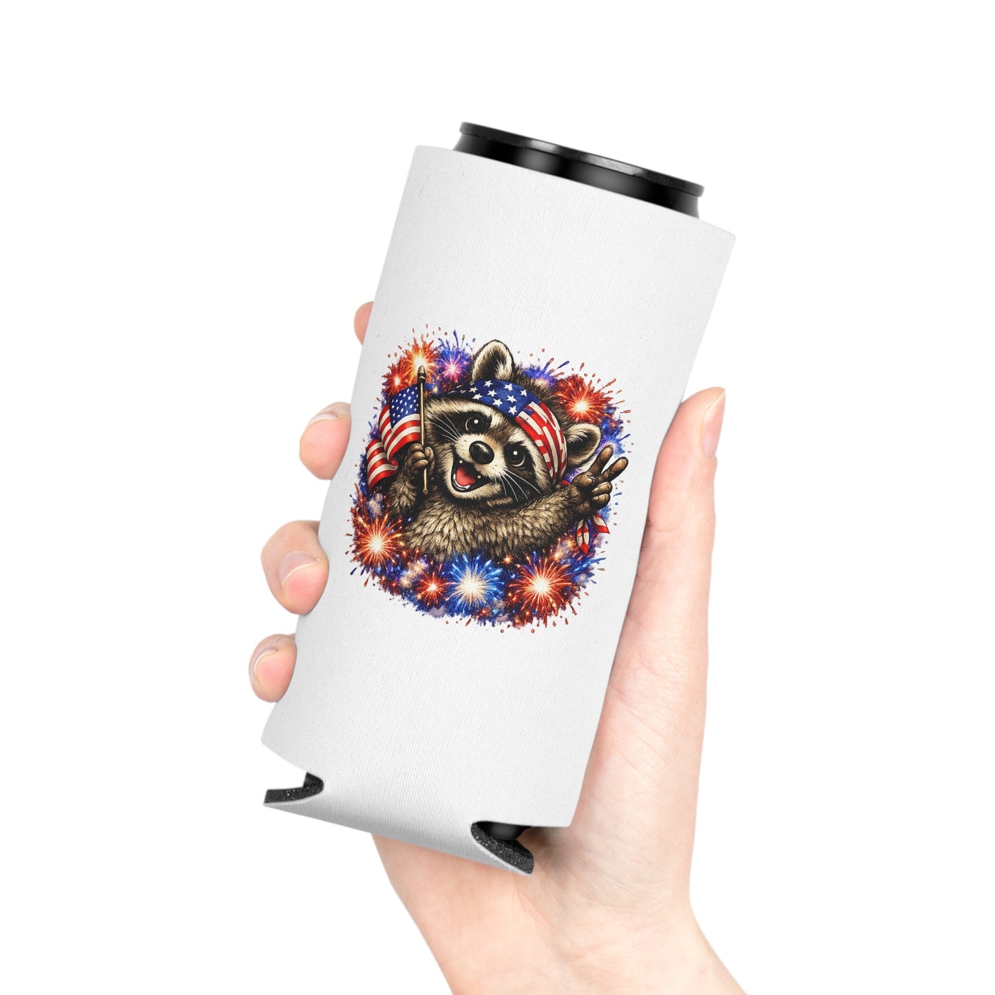 Patriotic Raccoon 250 Can Cooler – USA Flag, 4th of July Drink Koozie