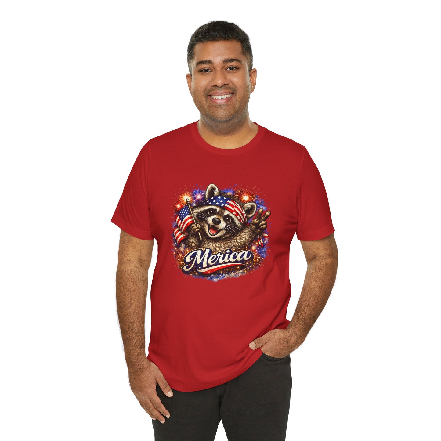 Patriot Raccoon 250th Anniversary T-Shirt — 4th of July Fireworks Flag Tee