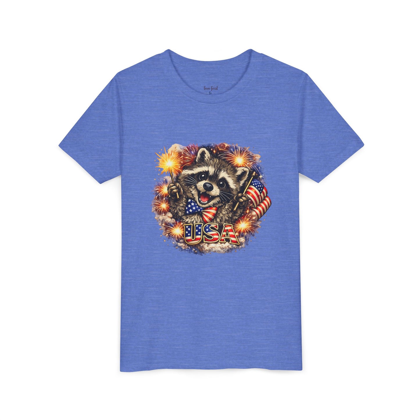 Patriotic Raccoon Youth Tee — Raccoon with American Flag & Fireworks