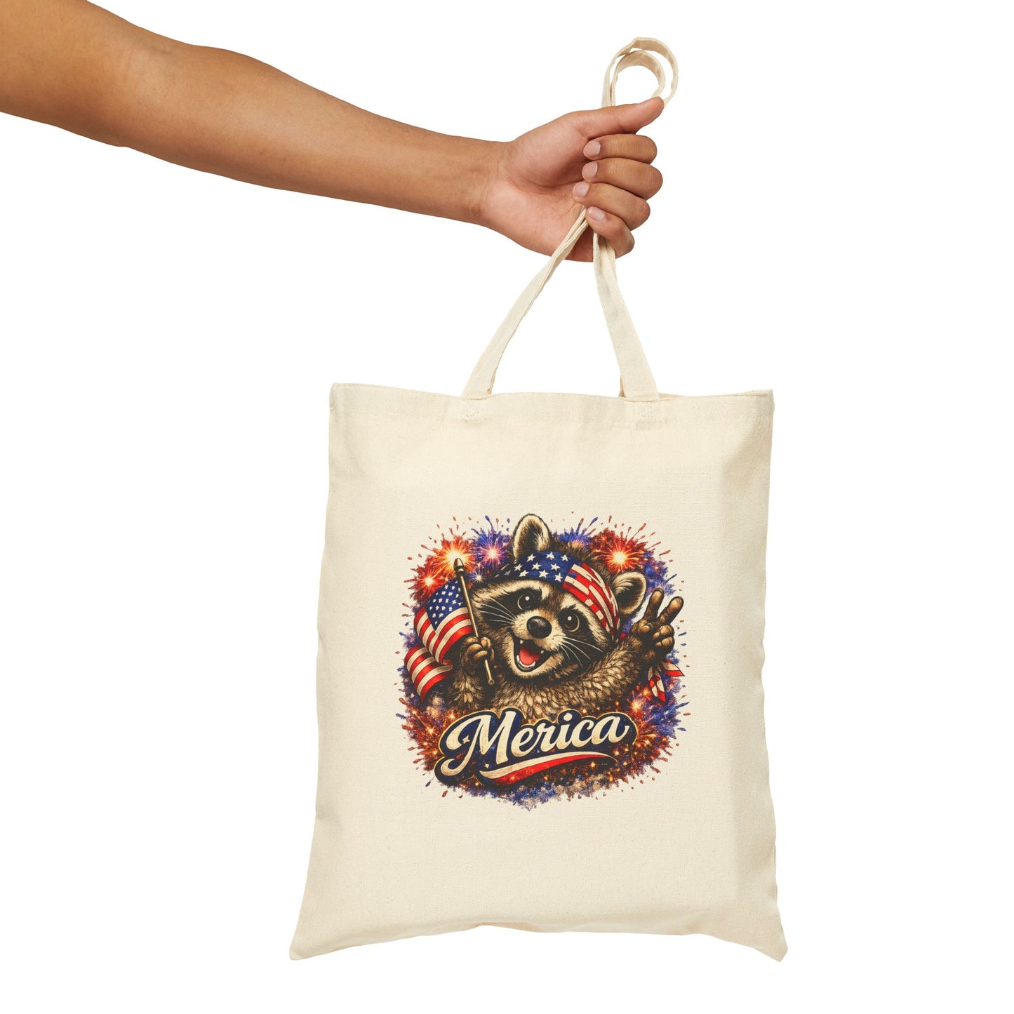 Patriotic Raccoon Fireworks Tote Bag — '250' Canvas Tote for Fourth of July