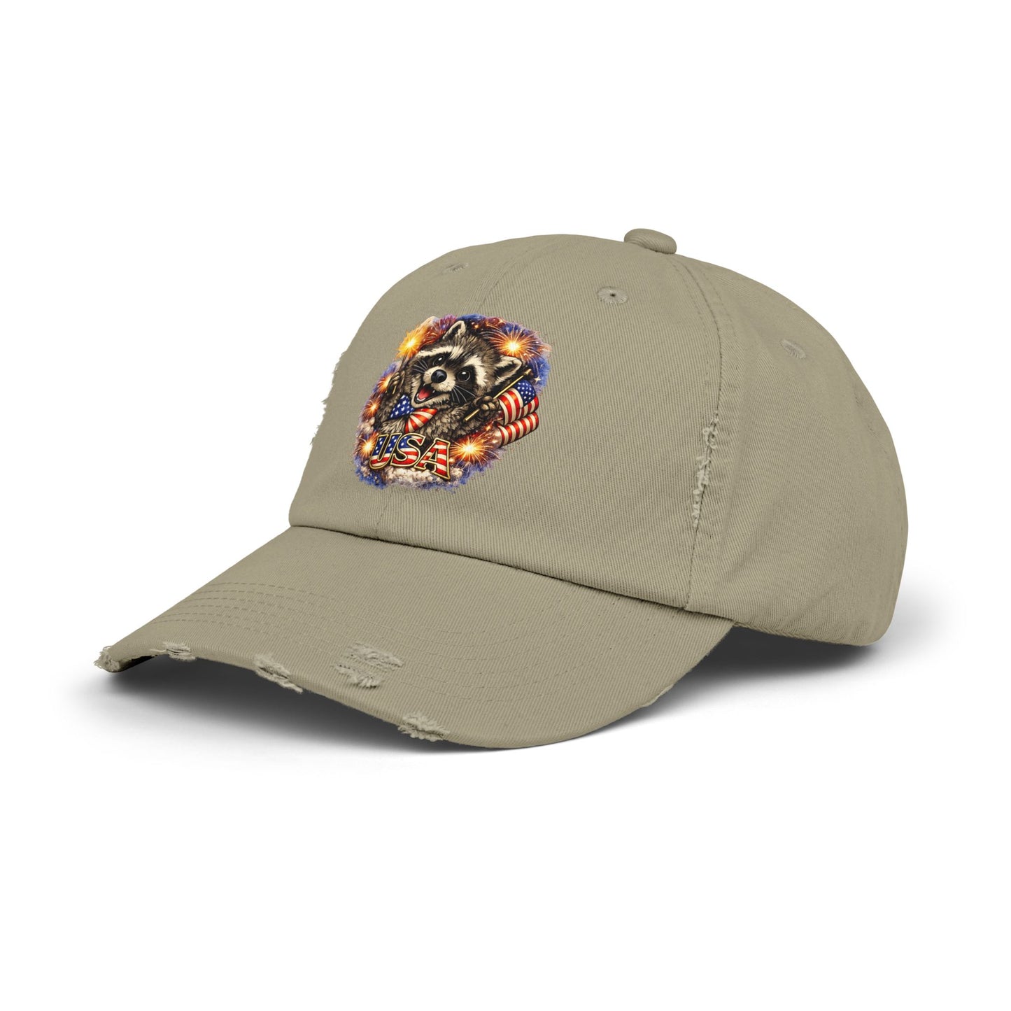 Patriotic Raccoon 250 Cap — Fireworks & Flag Distressed Baseball Hat