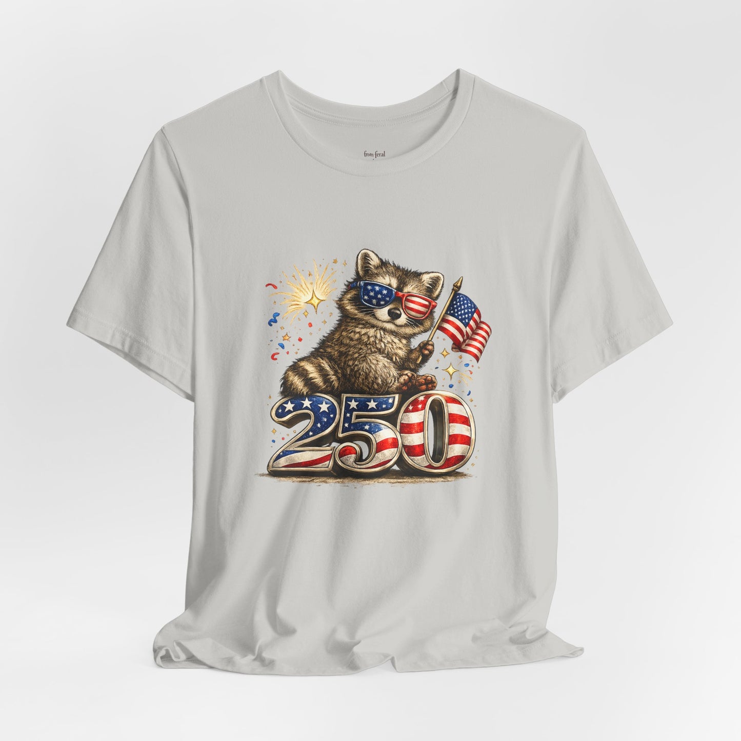 Patriot Raccoon 250th Anniversary T-Shirt — 4th of July Fireworks Flag Tee