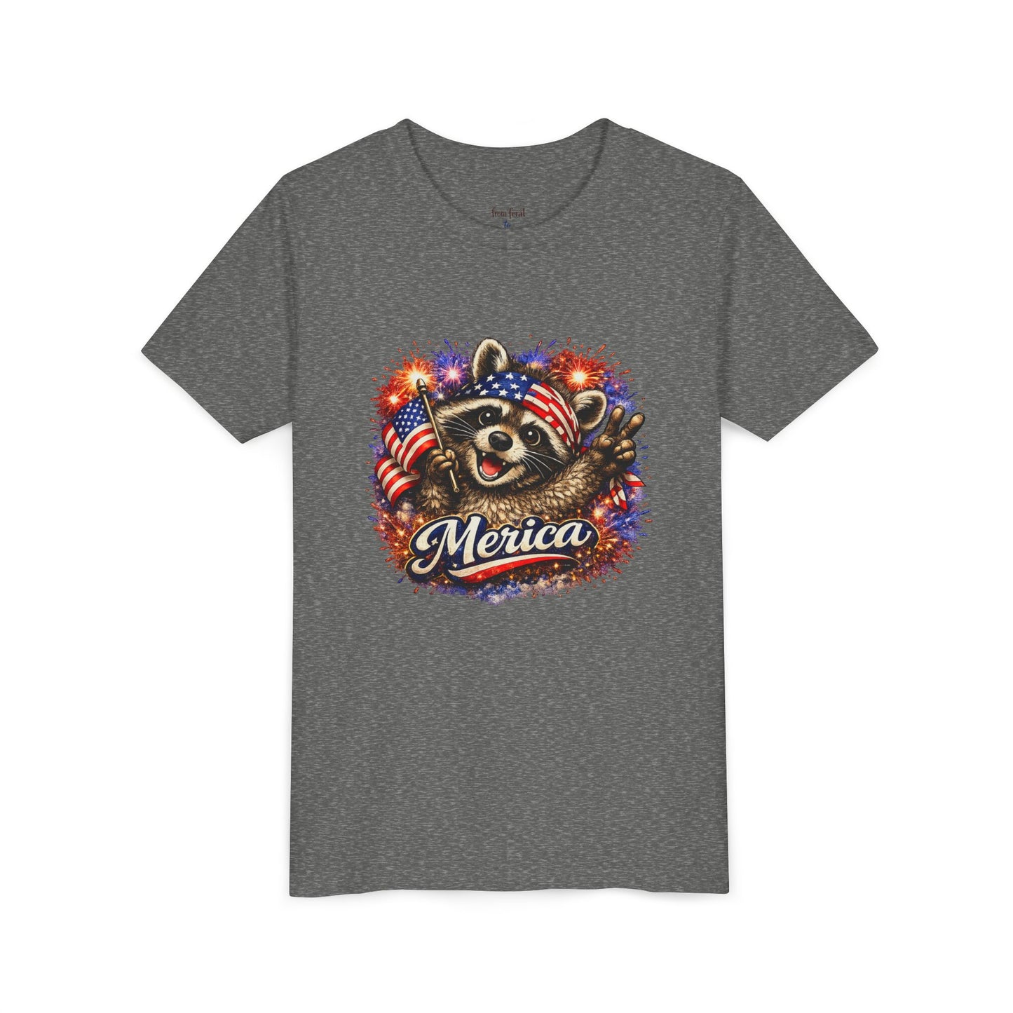 Patriotic Raccoon Youth Tee — Raccoon with American Flag & Fireworks
