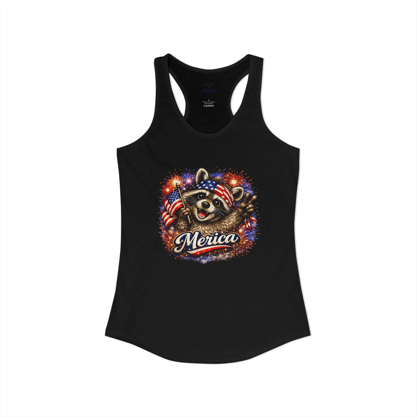 Patriotic Raccoon 4th of July Tank — Raccoon on 250 with Flag & Fireworks Racerback Tank