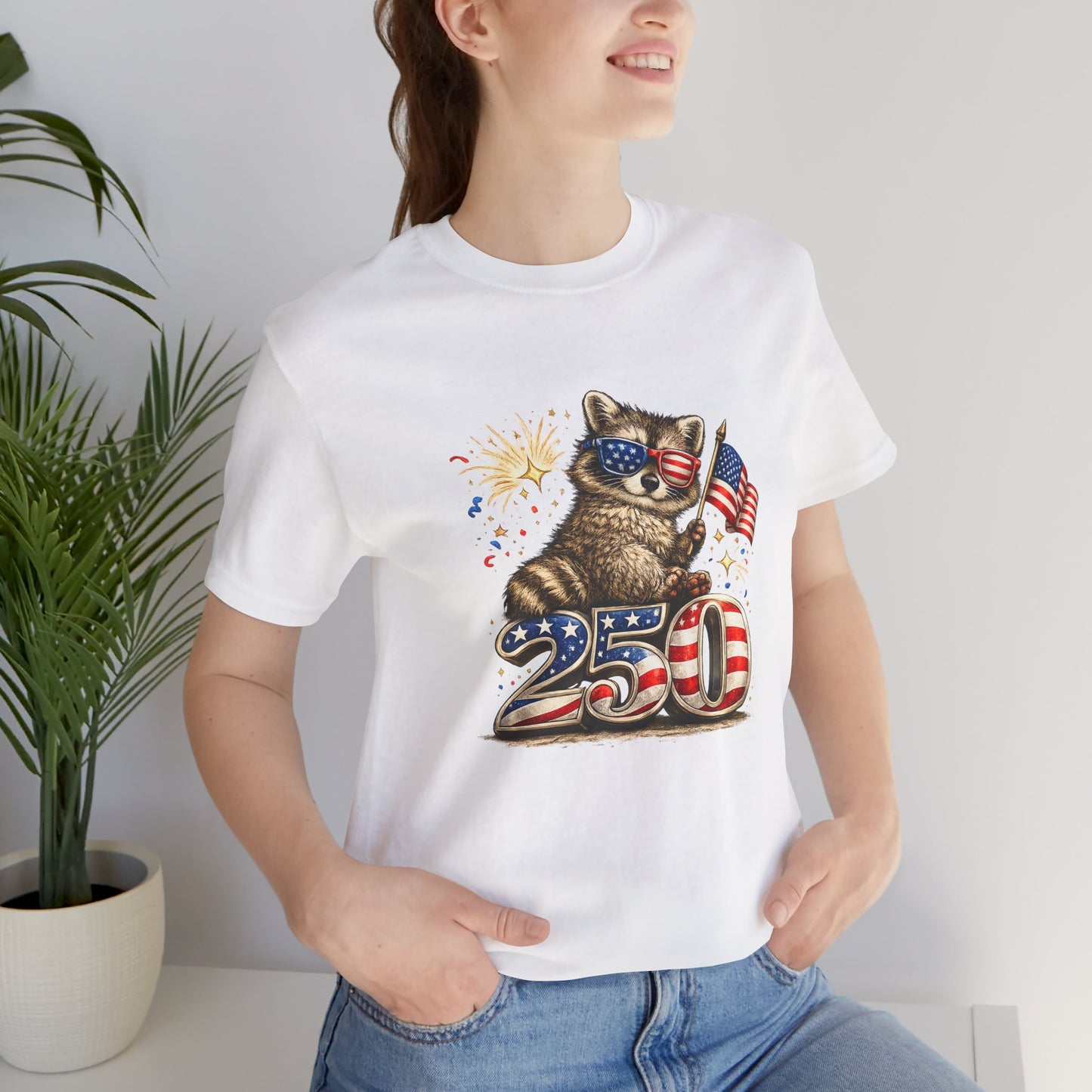 Patriot Raccoon 250th Anniversary T-Shirt — 4th of July Fireworks Flag Tee