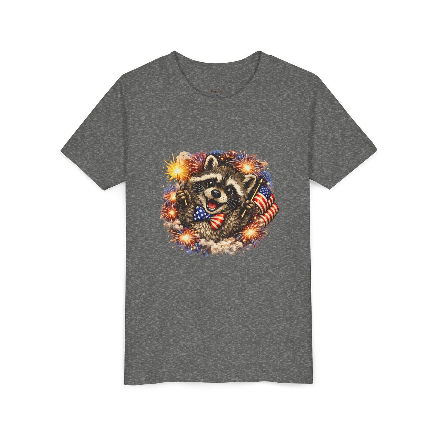 Patriotic Raccoon Youth Tee — Raccoon with American Flag & Fireworks