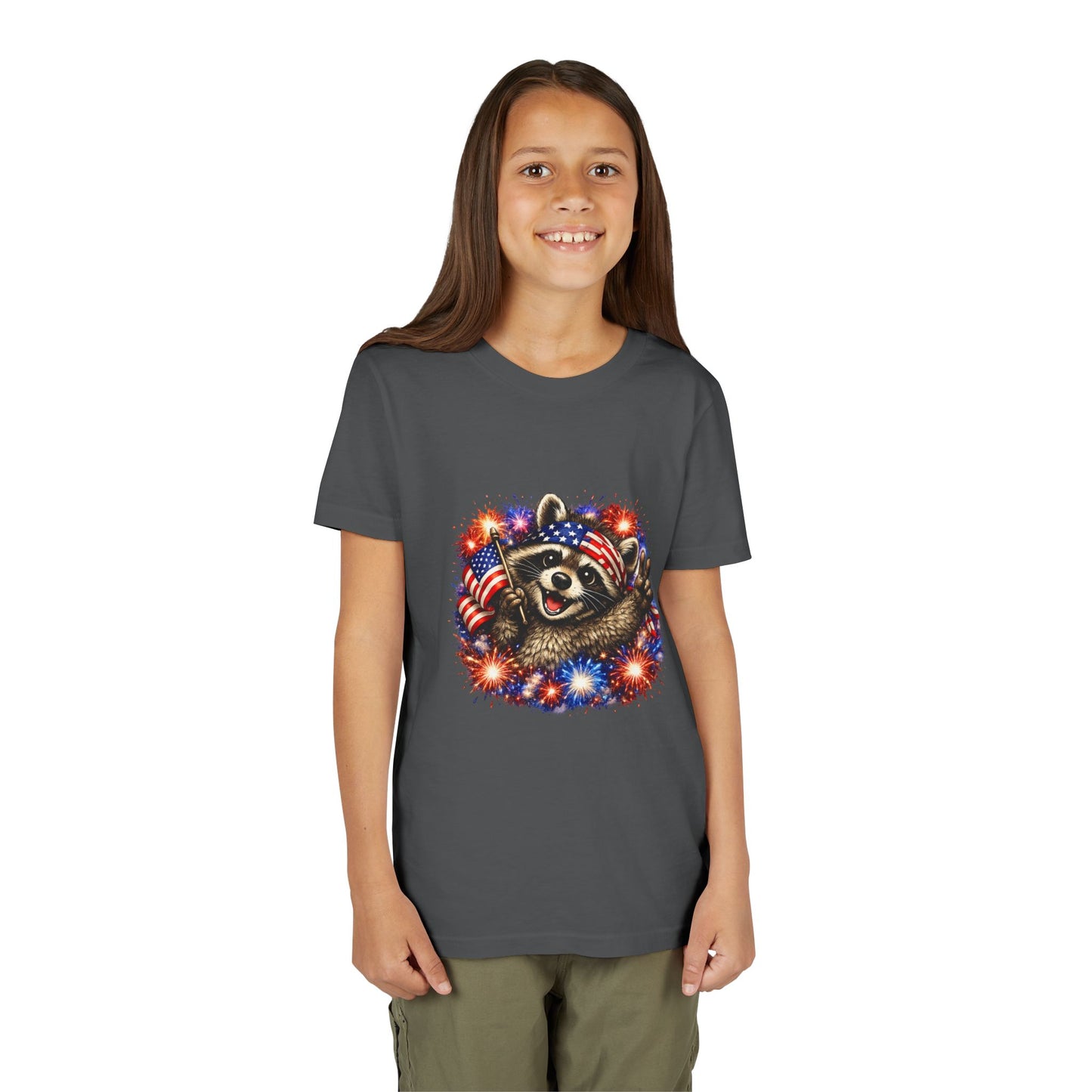 Patriotic Raccoon Youth Tee — Raccoon with American Flag & Fireworks