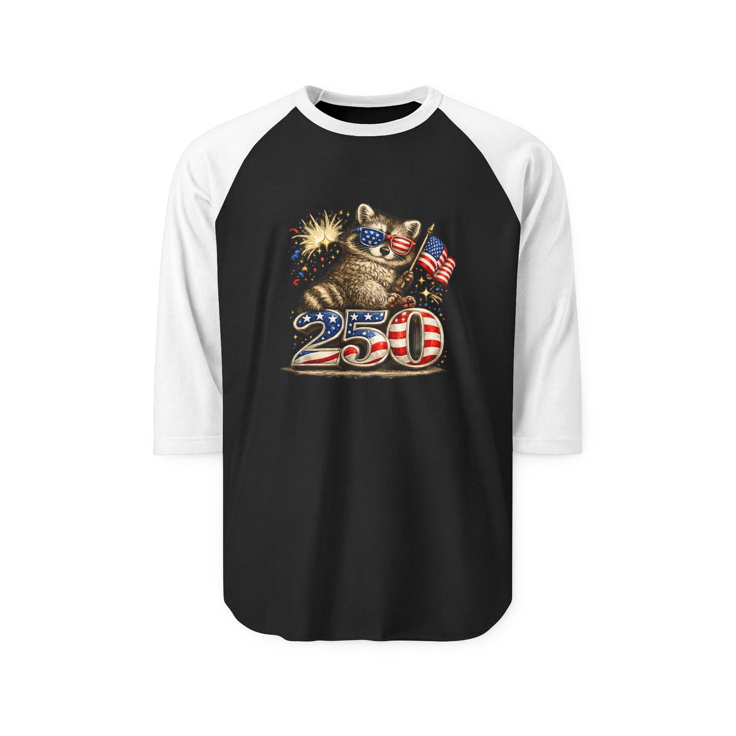 Patriotic Raccoon 250 Raglan Shirt — Fourth of July Fireworks Tee