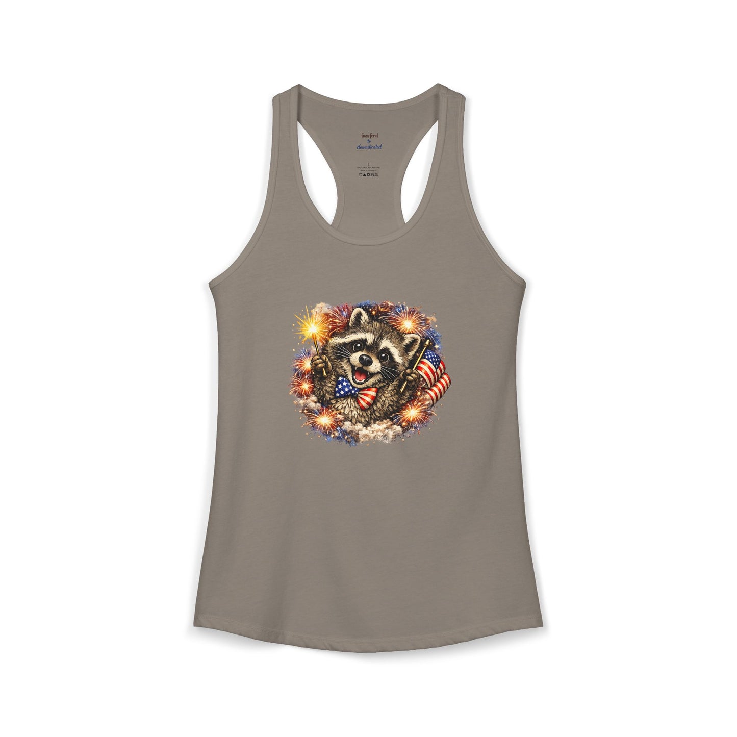 Patriotic Raccoon 4th of July Tank — Raccoon on 250 with Flag & Fireworks Racerback Tank