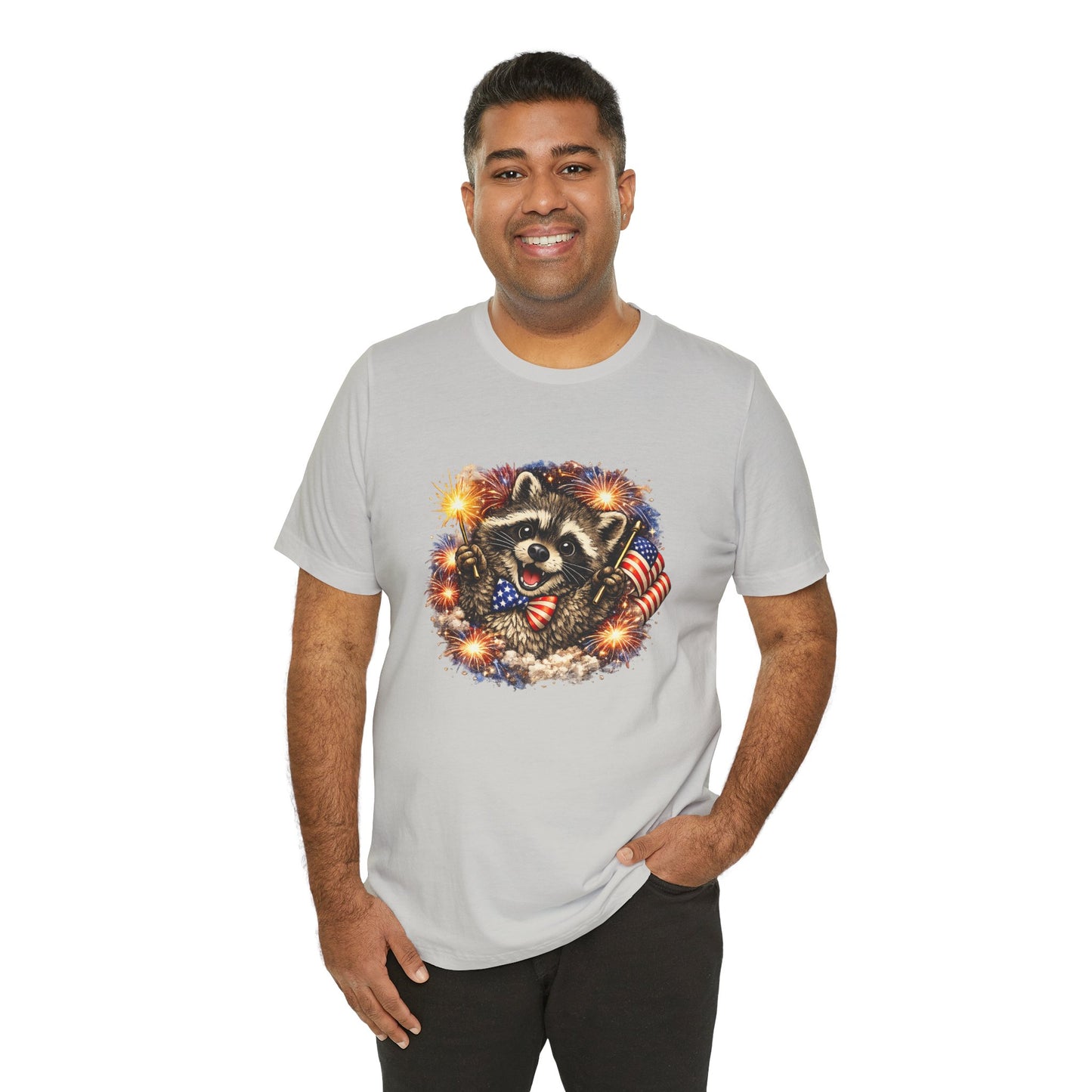 Patriot Raccoon 250th Anniversary T-Shirt — 4th of July Fireworks Flag Tee