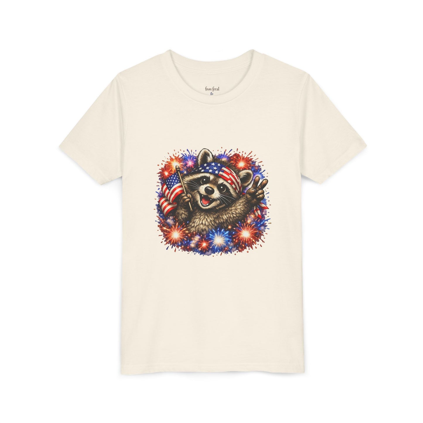 Patriotic Raccoon Youth Tee — Raccoon with American Flag & Fireworks